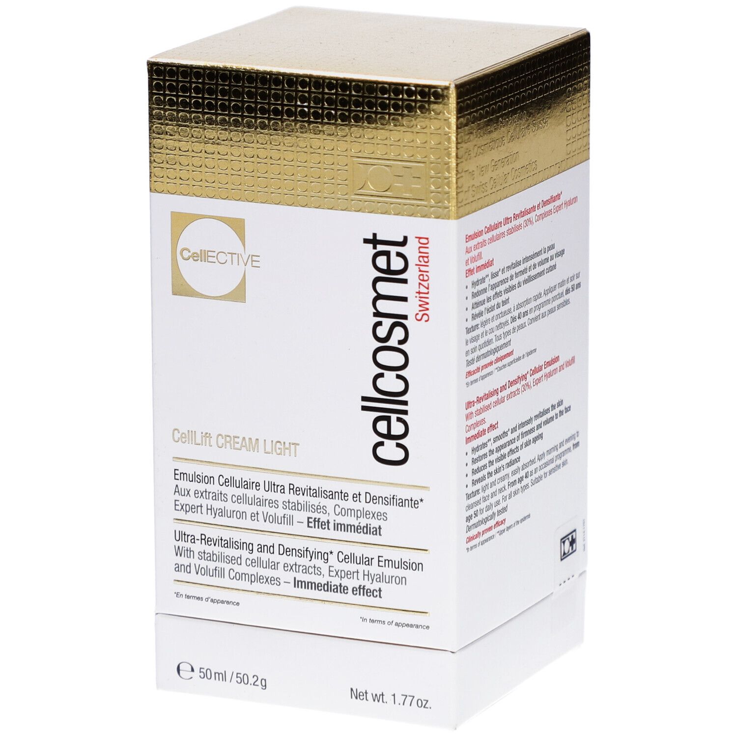 Cellcosmet CellLift Cream Light. Weiße Schachtel mit goldenem Deckel. Text: Cellcosmet, CellEctive. Produktname und Inhaltsangaben.