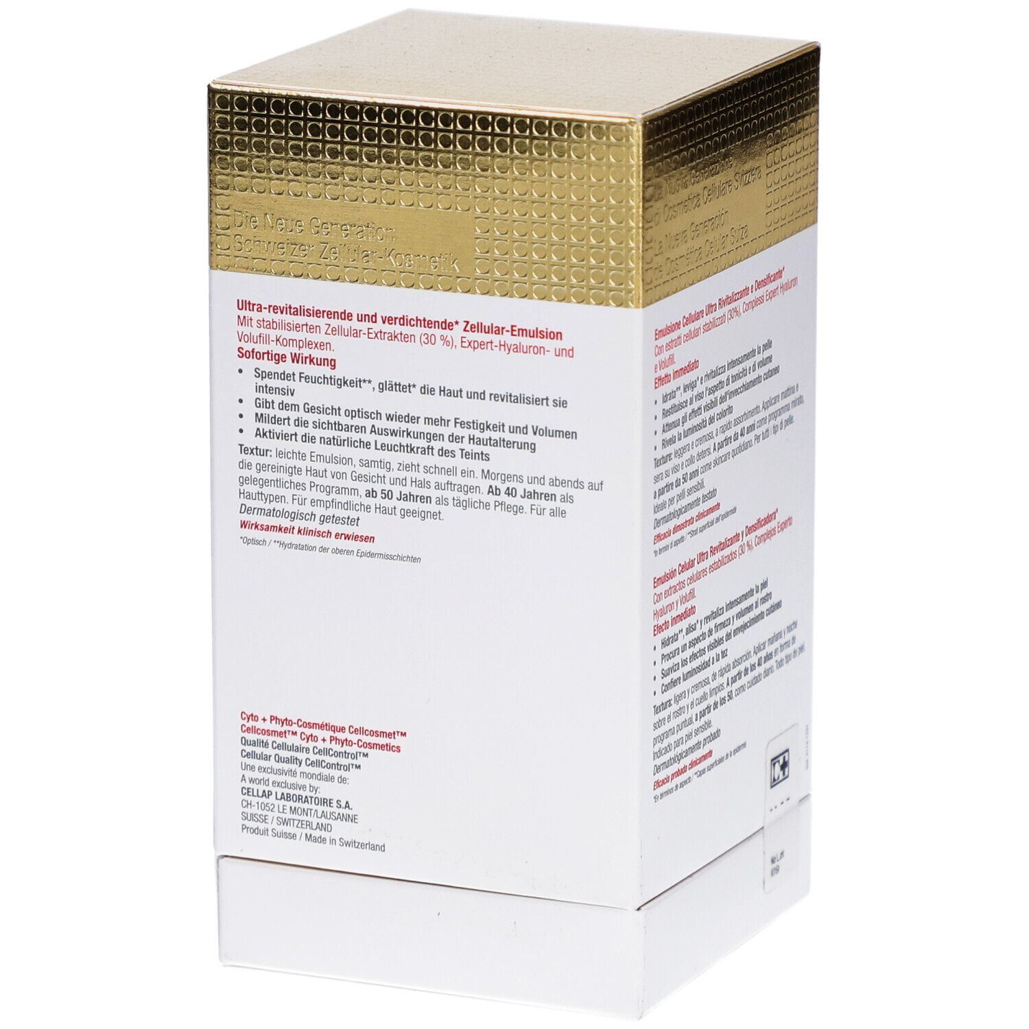 Rückseite der Cellcosmet CellLift Cream Light Schachtel. Text in Deutsch, Französisch, Englisch. Produktinformationen.