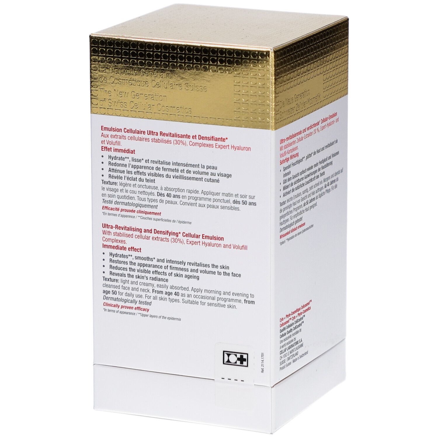 Rückseite der Cellcosmet CellLift Cream Light Schachtel. Text in Deutsch, Französisch, Englisch. Produktinformationen.