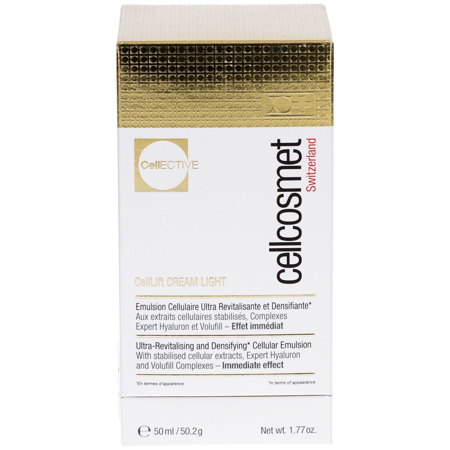 Cellcosmet CellLift Cream Light Schachtel. Weiß und goldfarben. Text: Cellcosmet, CellEctive, Produktname und Inhaltsangaben.