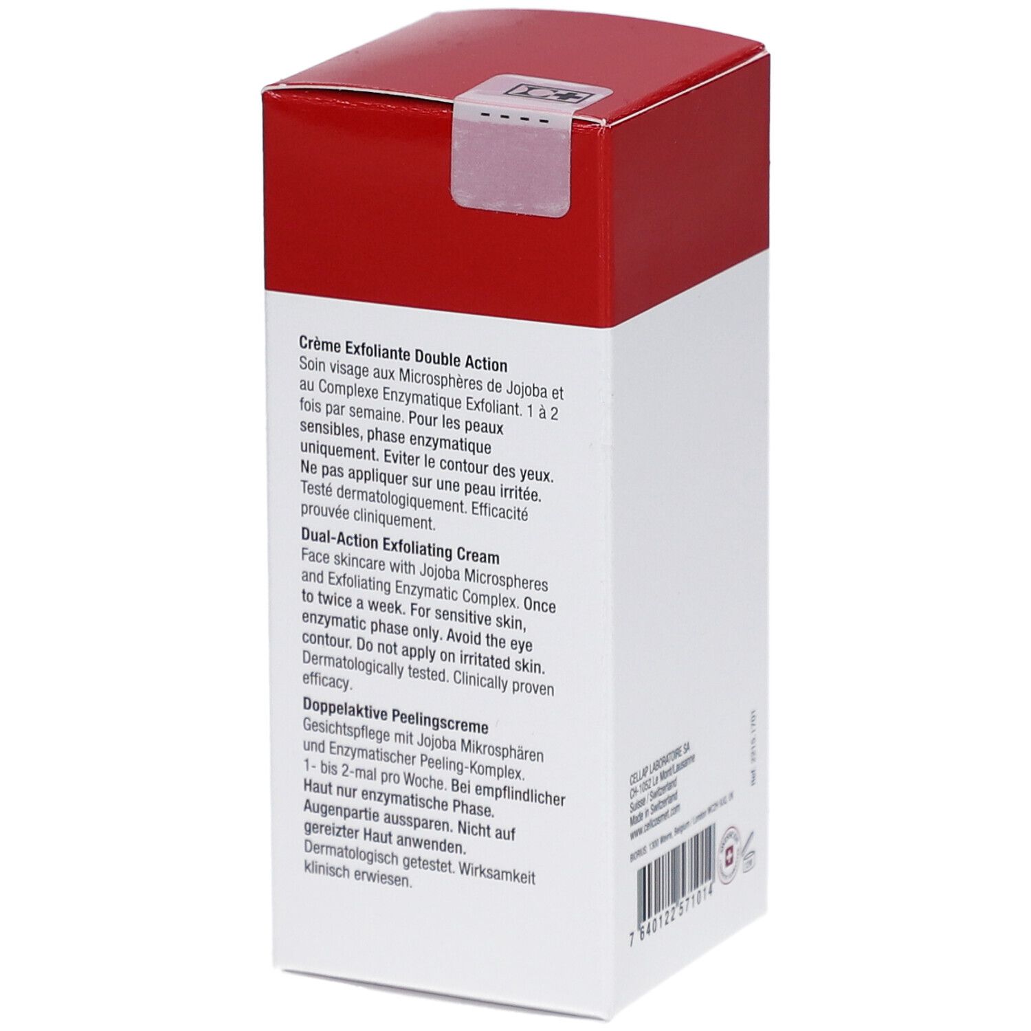 Cellcosmet Exfoliant Double Action. Weiße Box mit rotem Deckel. Produktinformationen in Französisch und Englisch. Schweizer Kreuz.