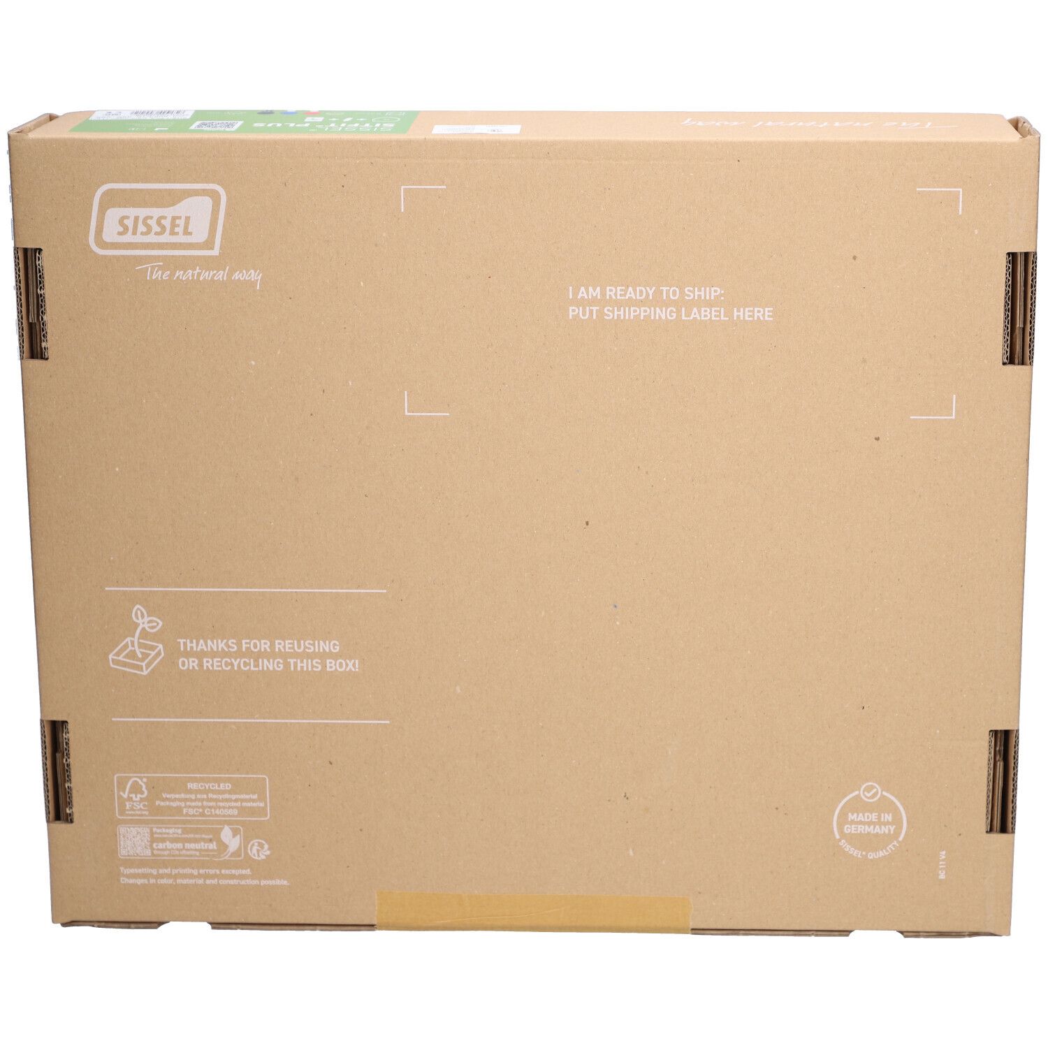 Rückseite der Kartonverpackung. Text: Danke für die Wiederverwendung oder das Recycling dieser Box. Mit Logo.