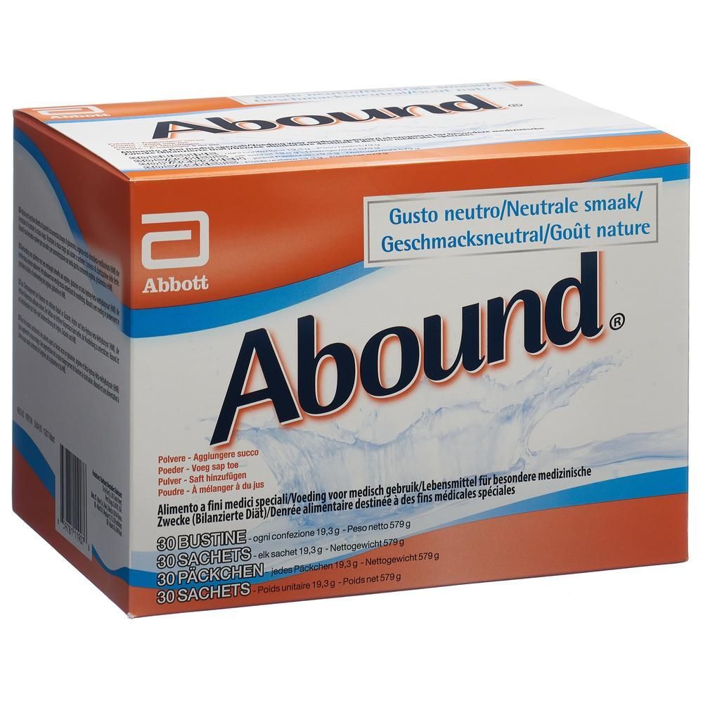Karton von ABOUND Pulver Neutral. Enthält 30 Beutel. Aufschrift: Gusto neutro, Geschmacksneutral. Marke: Abbott.