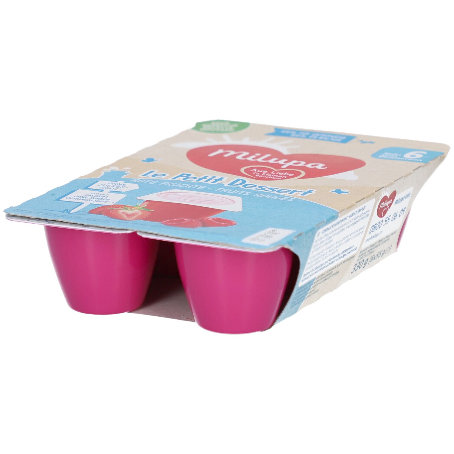 Emballage de 6 pots roses. Inscription: Milupa Le Petit Dessert. Saveur fraise-framboise. Emballage avec illustration du produit.