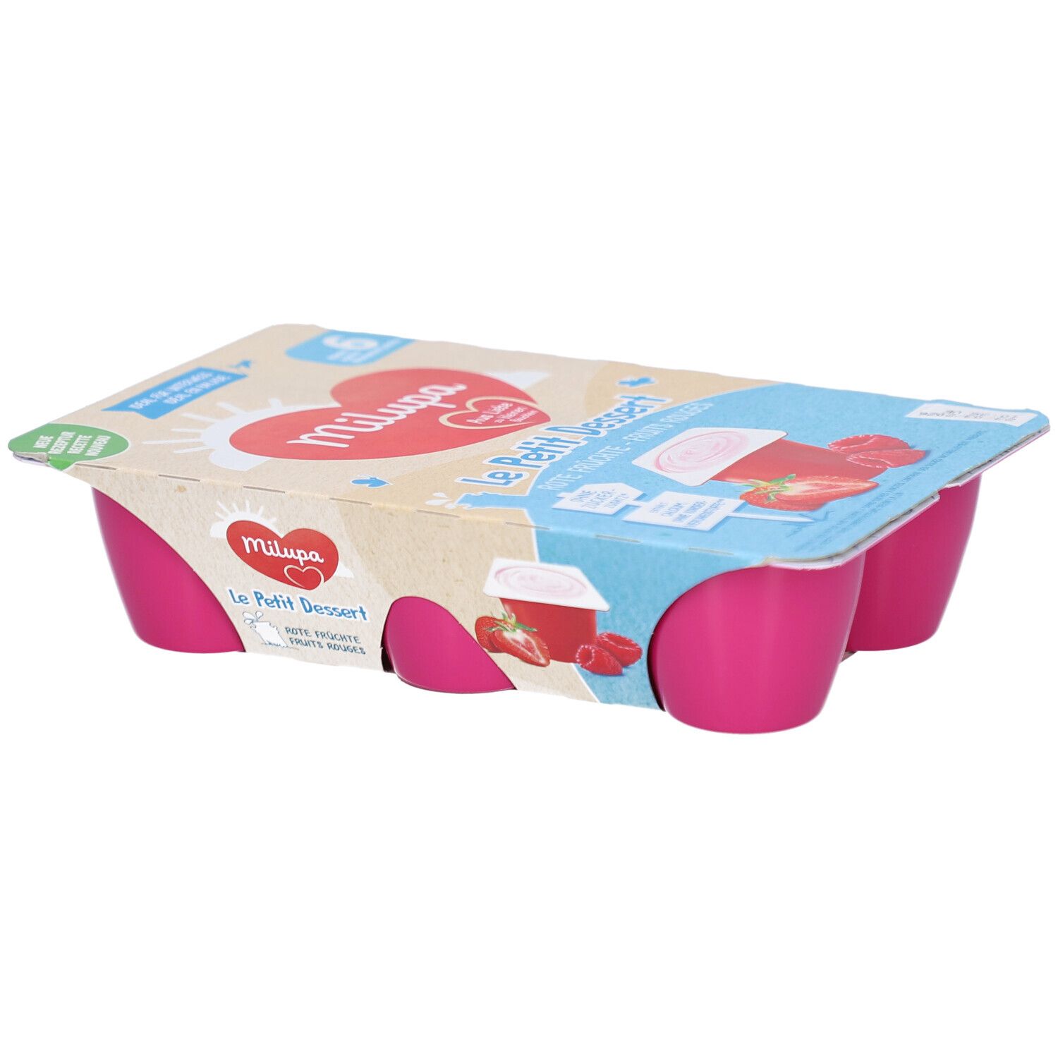 Emballage de 6 pots roses. Inscription: Milupa Le Petit Dessert. Saveur fraise-framboise. Emballage avec illustration du produit.