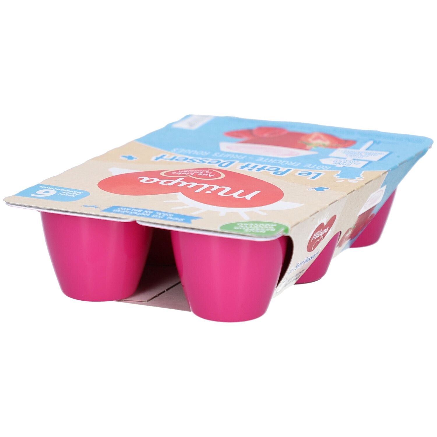 Emballage de 6 pots roses. Inscription: Milupa Le Petit Dessert. Saveur fraise-framboise. Emballage avec illustration du produit.