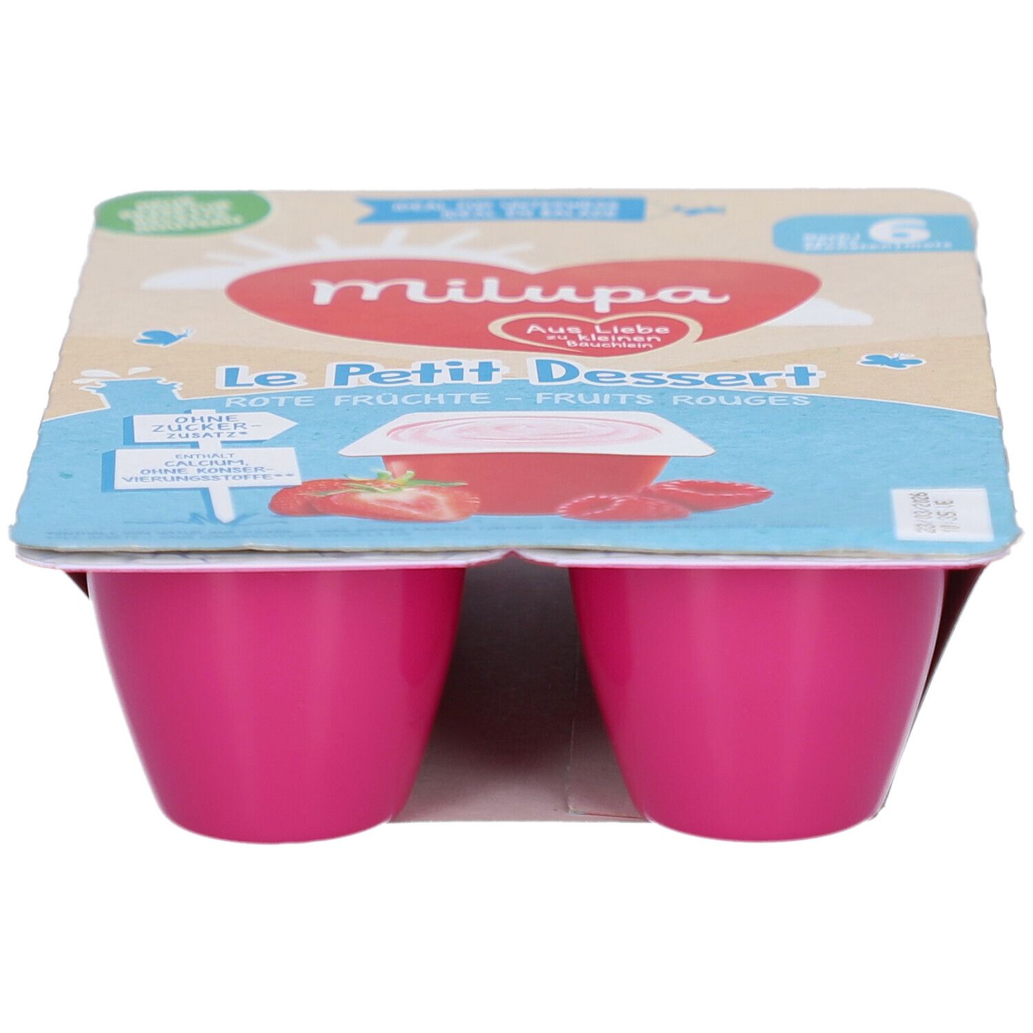 Emballage de 6 pots roses. Inscription: Milupa Le Petit Dessert. Saveur fraise-framboise. Emballage avec illustration du produit.