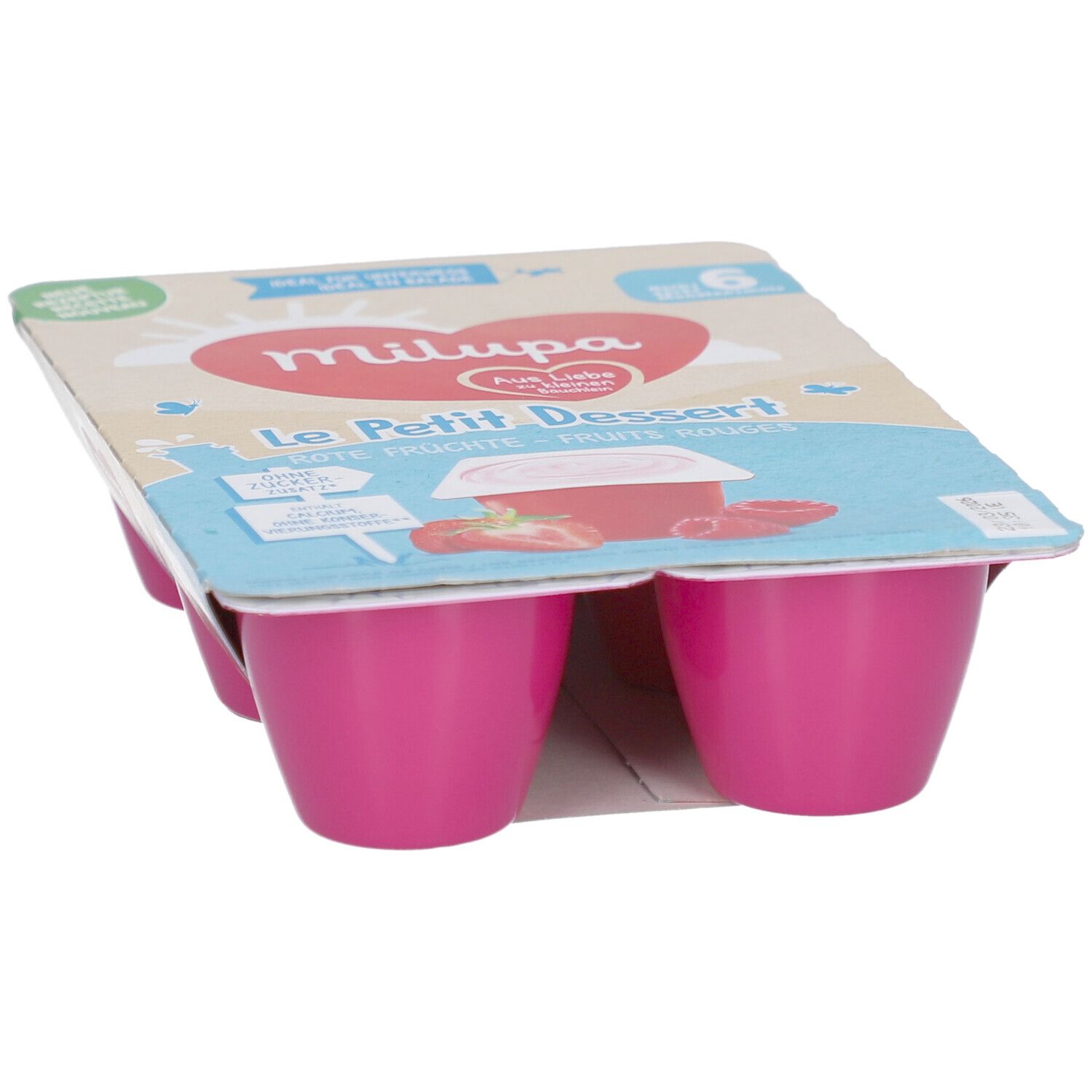 Emballage de 6 pots roses. Inscription: Milupa Le Petit Dessert. Saveur fraise-framboise. Emballage avec illustration du produit.