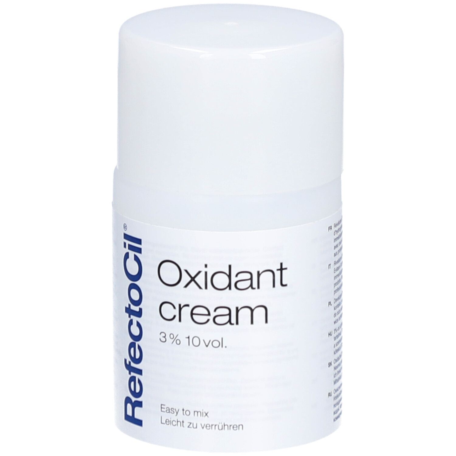 Flacon blanc avec texte: Oxidant cream 3% 10 vol. Logo RefectoCil en bleu sur le côté.