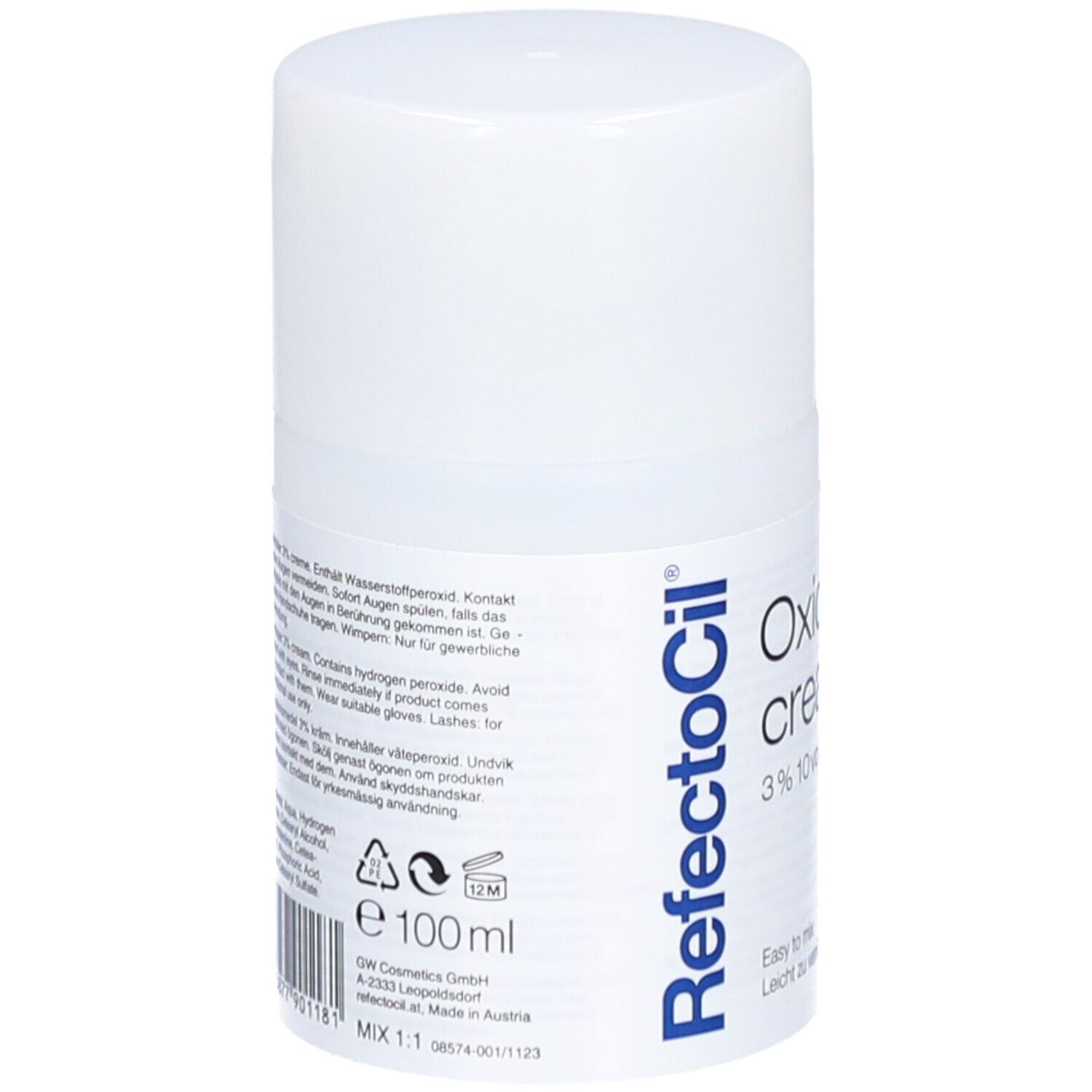Flacon blanc avec texte: Oxidant cream 3% 10 vol. Logo RefectoCil. Dos avec texte.
