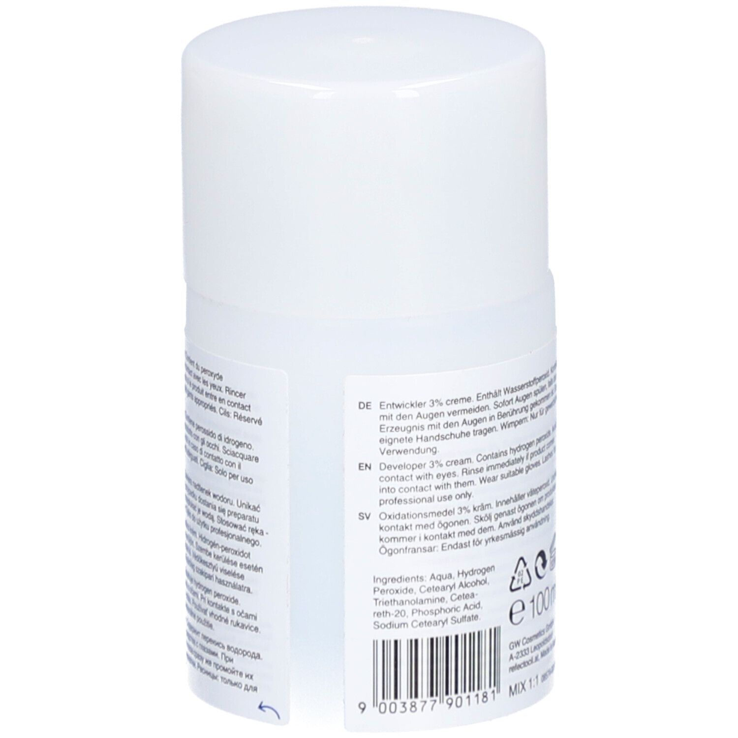 Flacon blanc avec texte: Oxidant cream 3% 10 vol. Logo RefectoCil. Dos avec texte.