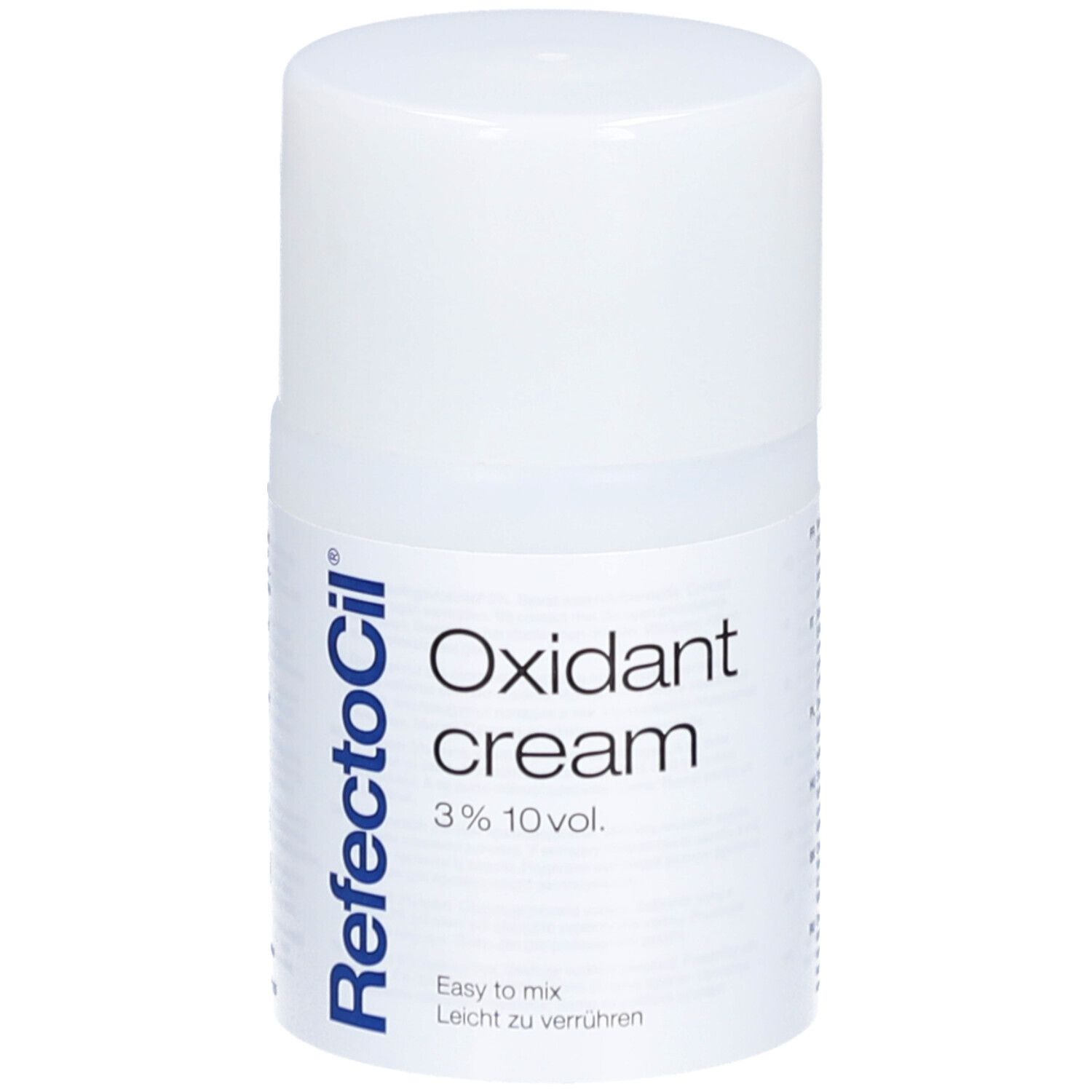 Flacon blanc avec texte: Oxidant cream 3% 10 vol. Logo RefectoCil.
