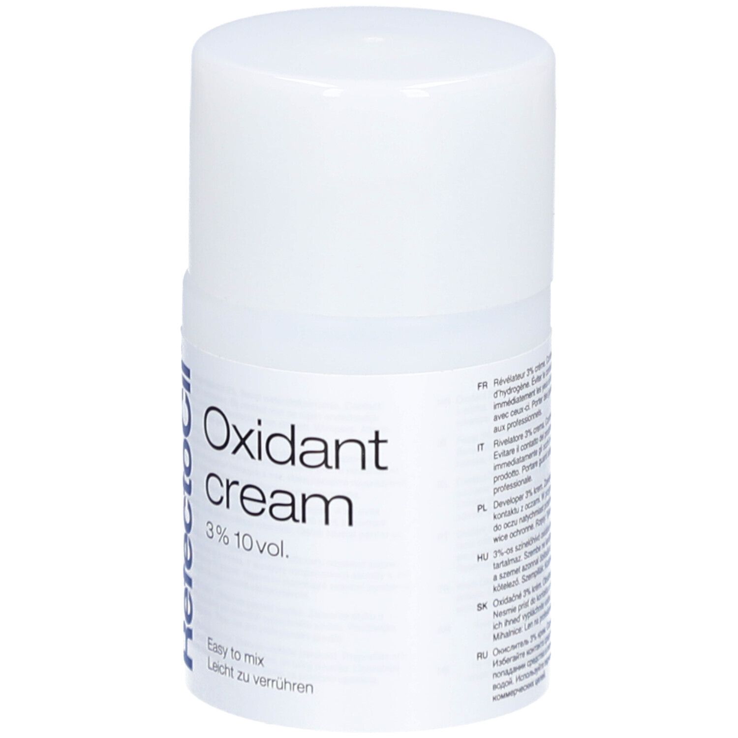Flacon blanc avec texte: Oxidant cream 3% 10 vol. Logo RefectoCil.