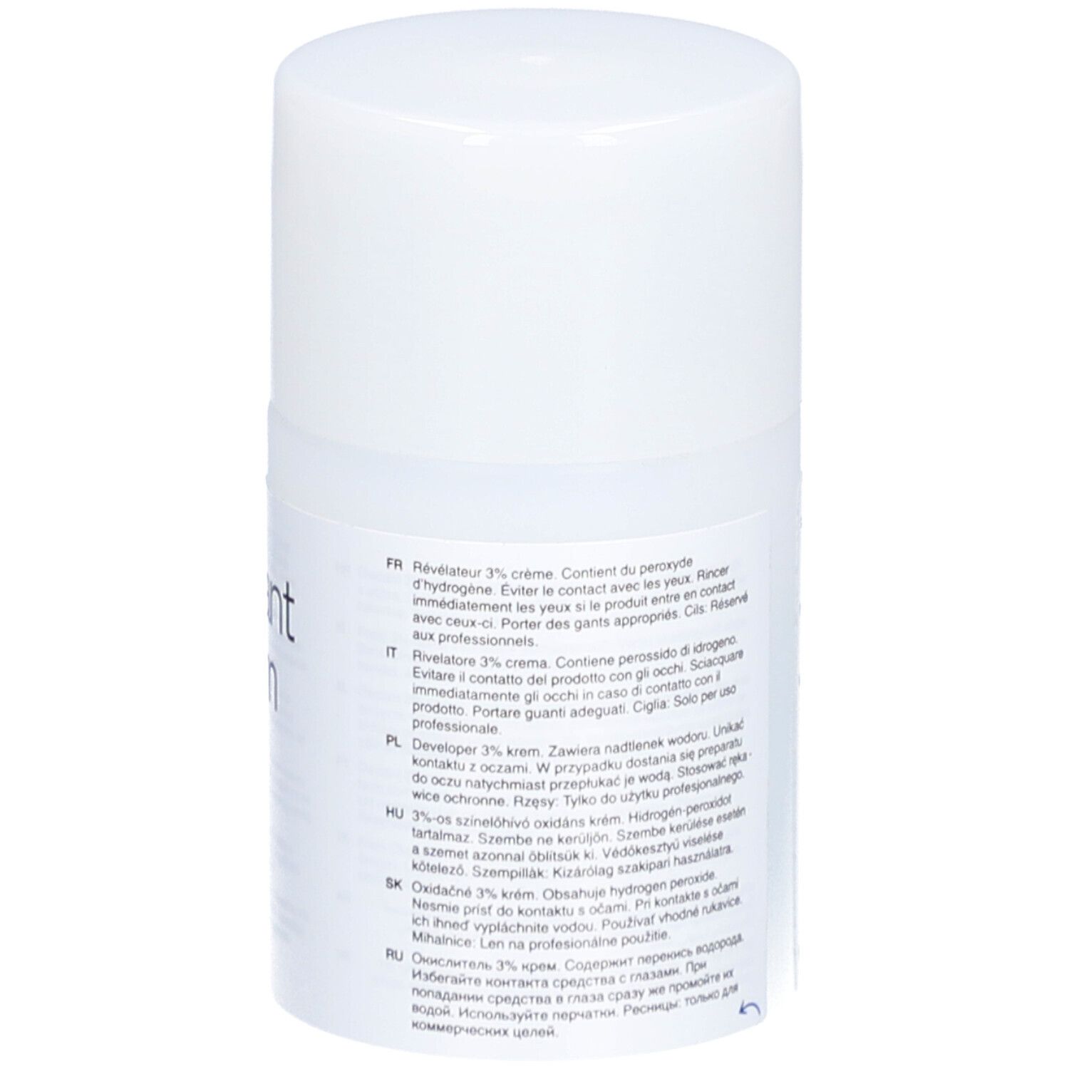 Flacon blanc avec texte: Oxidant cream 3% 10 vol. Logo RefectoCil. Dos avec texte.