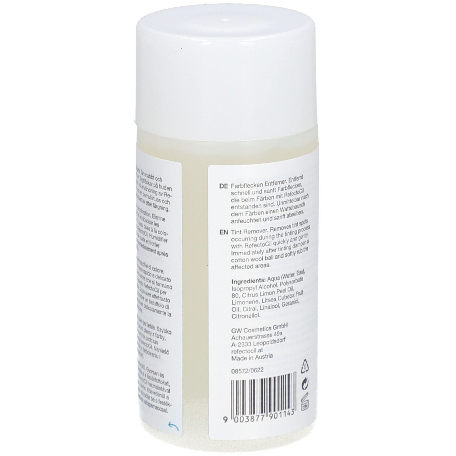 Flacon blanc avec texte. Contient Aqua, Alcool, Polysorbate 80, Huile de citron, etc. Pour zone sensible des yeux.