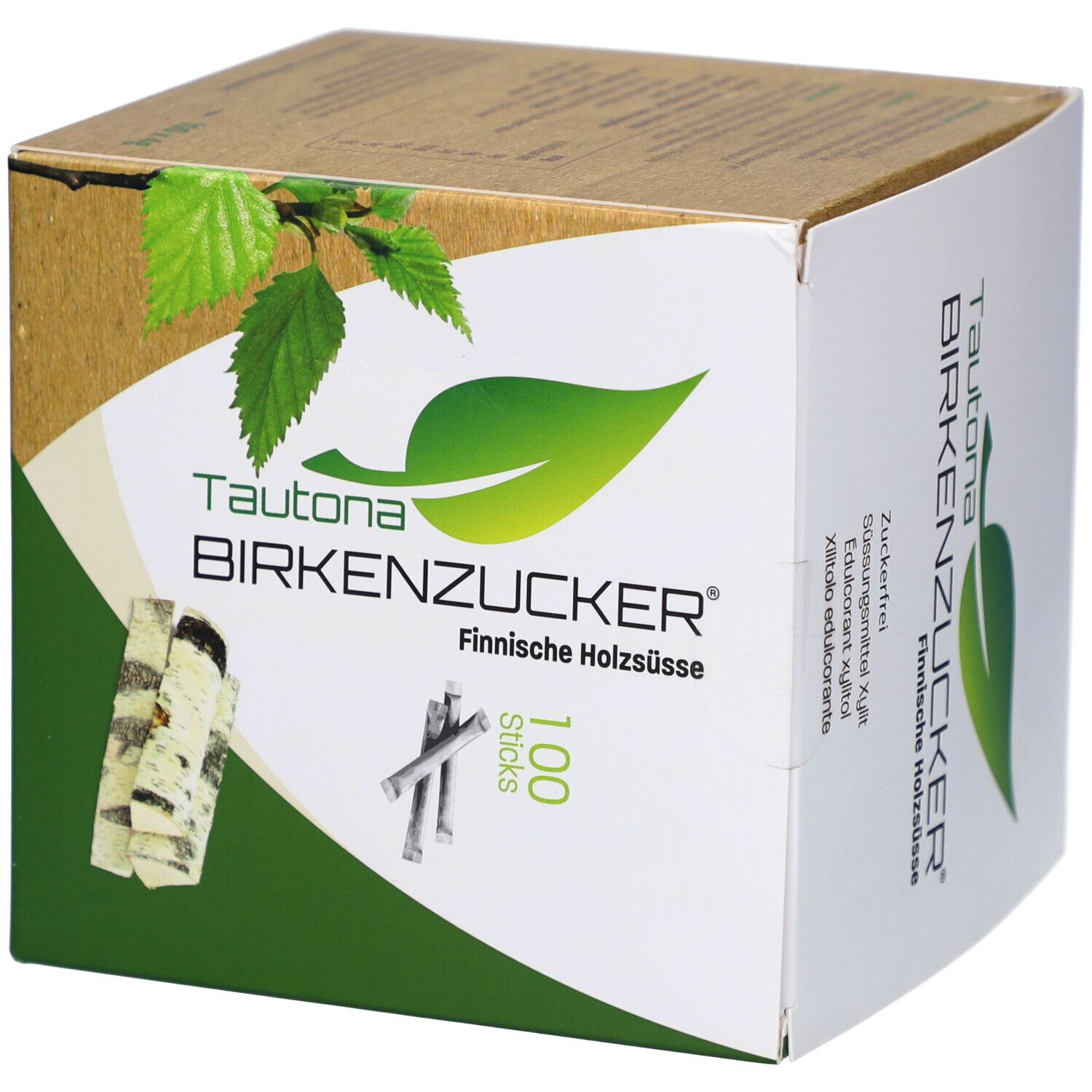 Verpackung von TAUTONA BIRKENZUCKER. Aufschrift: Finnische Holzsüße, 100 Sticks. Abbildung von Birkenzucker-Sticks und Blättern.