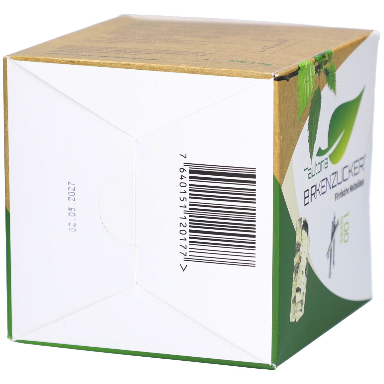 Unterseite der Verpackung von TAUTONA BIRKENZUCKER. Barcode und Haltbarkeitsdatum 02.05.2027.