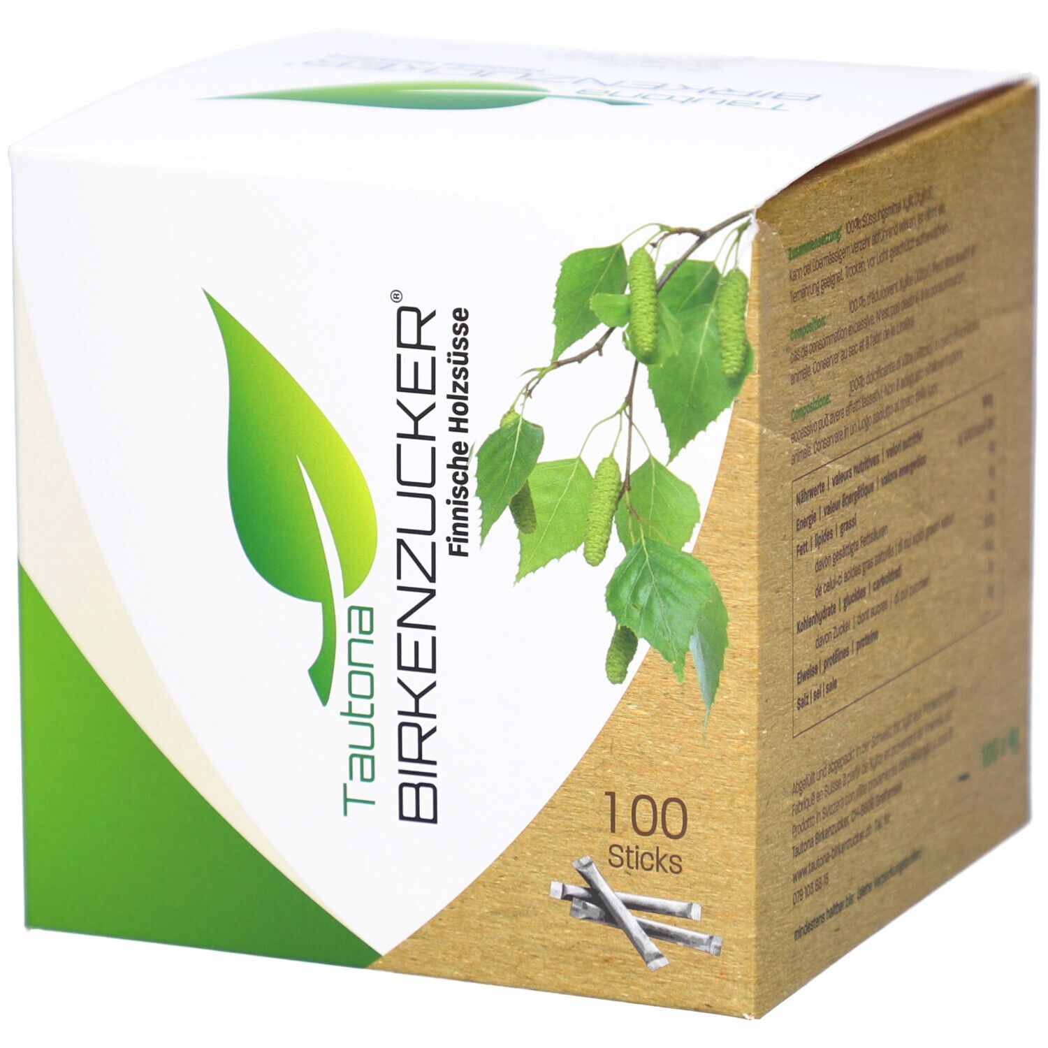 Verpackung von TAUTONA BIRKENZUCKER. Aufschrift: Finnische Holzsüße, 100 Sticks. Abbildung von Birkenzweig mit Blättern.