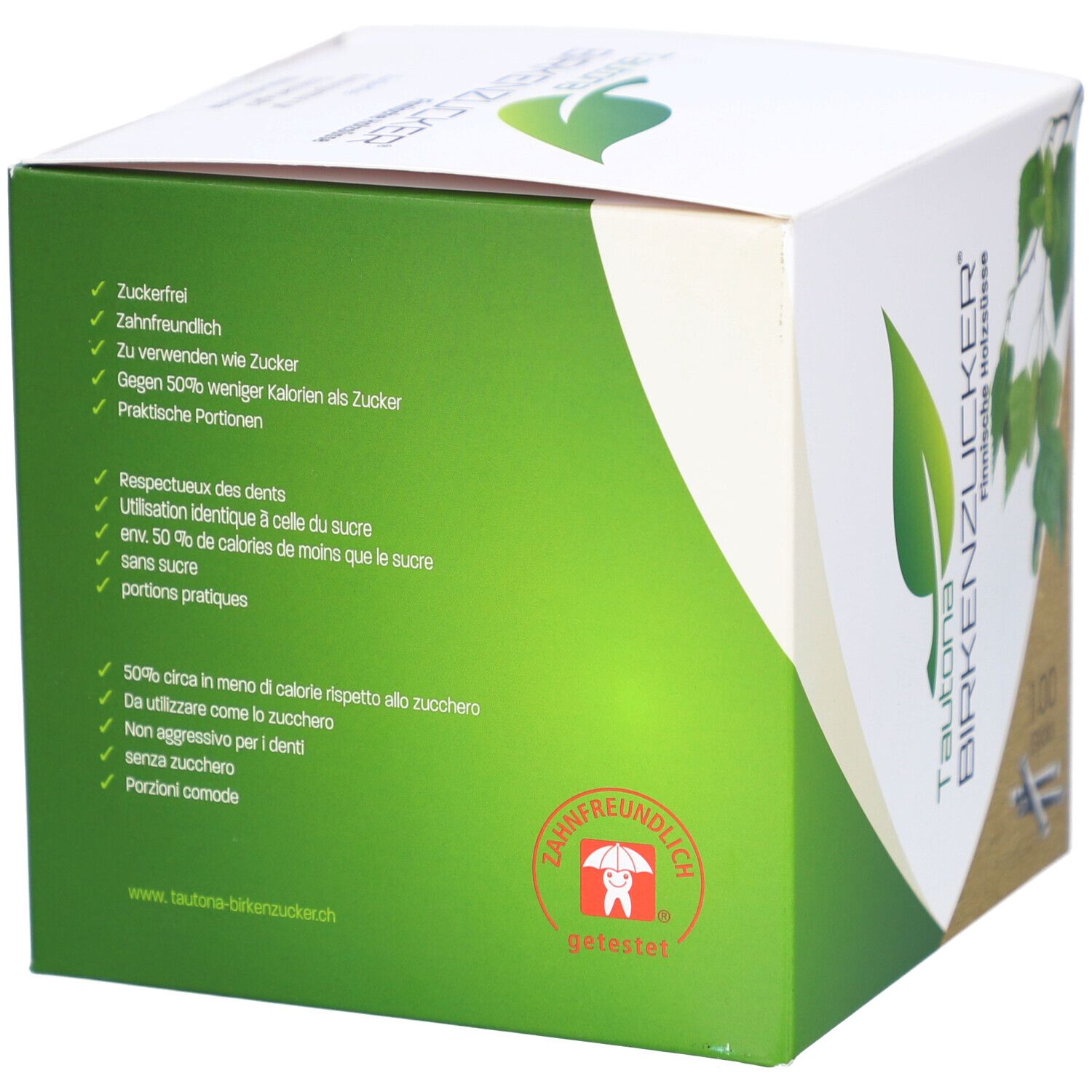 Rückseite der Verpackung von TAUTONA BIRKENZUCKER. Text in Deutsch und Italienisch. Zahnfreundlich-Logo.