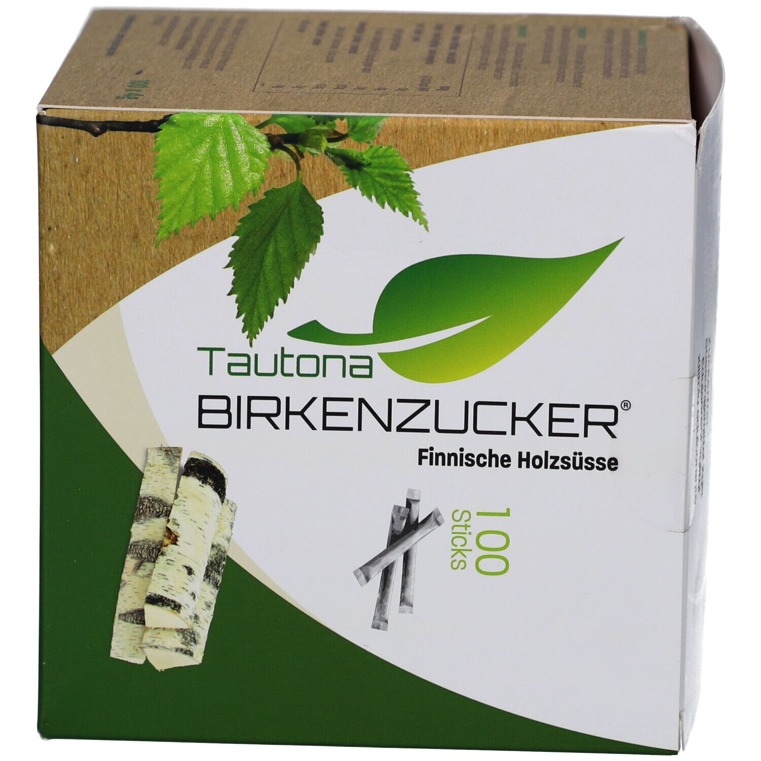 Verpackung von TAUTONA BIRKENZUCKER. Aufschrift: Finnische Holzsüße, 100 Sticks. Abbildung von Birkenzucker-Sticks und Blättern.