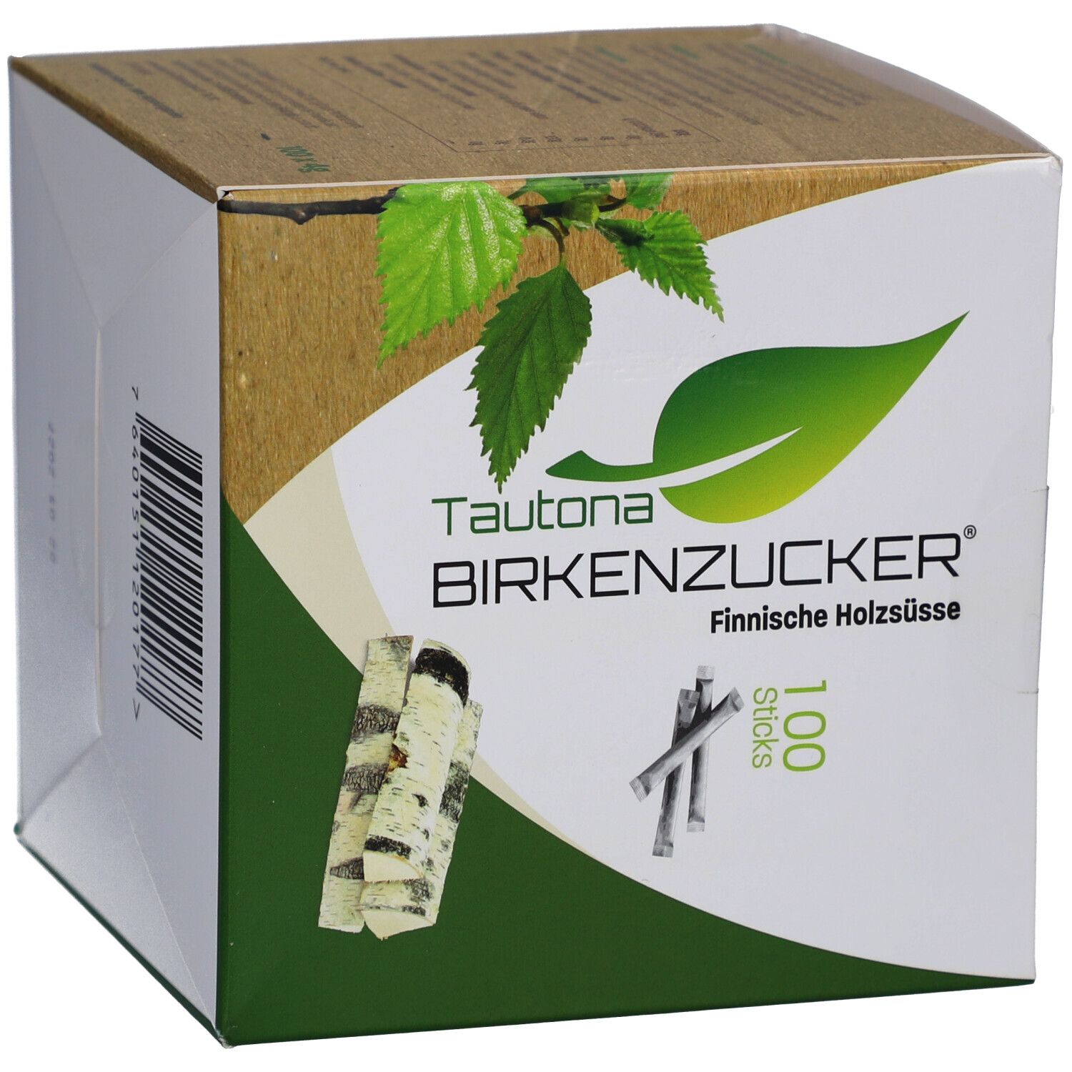 Verpackung von TAUTONA BIRKENZUCKER. Aufschrift: Finnische Holzsüße, 100 Sticks. Abbildung von Birkenzucker-Sticks und Blättern.