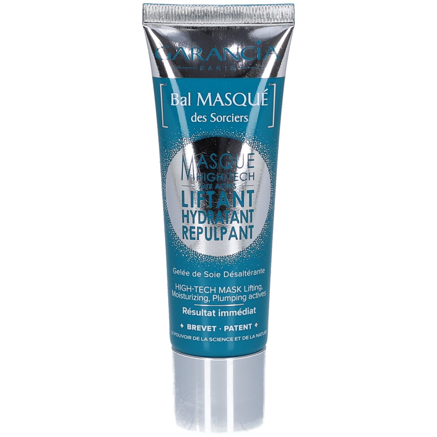 Tube mit Produkttext. Silberne Kappe. Aufschrift: Bal Masqué des Sorciers, Masque Liftant Hydratant Repulpant.
