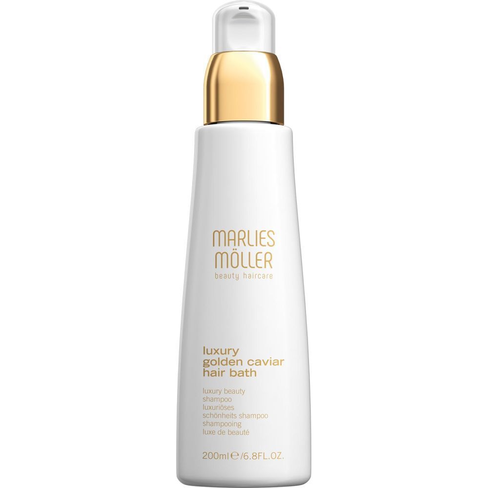Weiße Flasche mit goldenem Verschluss. Aufschrift: Marlies Möller, Luxury Golden Caviar Hair Bath. 200ml.