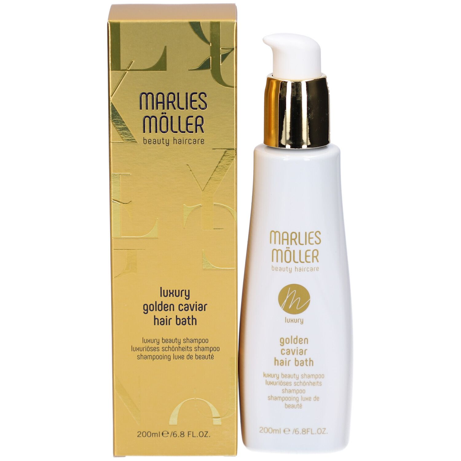 Produkt mit Verpackung. Weiße Flasche mit goldenem Verschluss. Aufschrift: Marlies Möller, Luxury Golden Caviar Hair Bath.