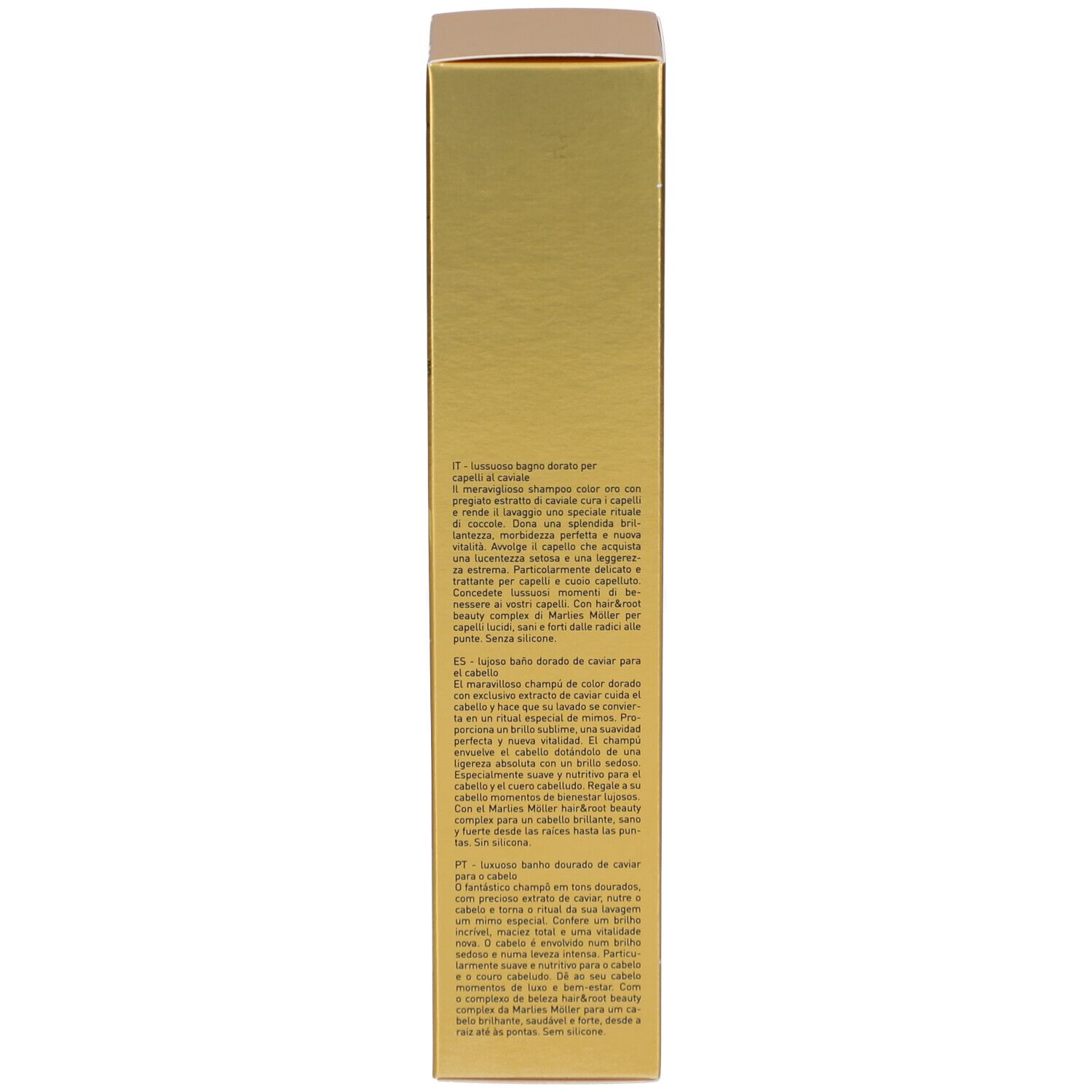 Goldfarbene Verpackung. Text in mehreren Sprachen. Aufschrift: Marlies Möller. QR-Code.