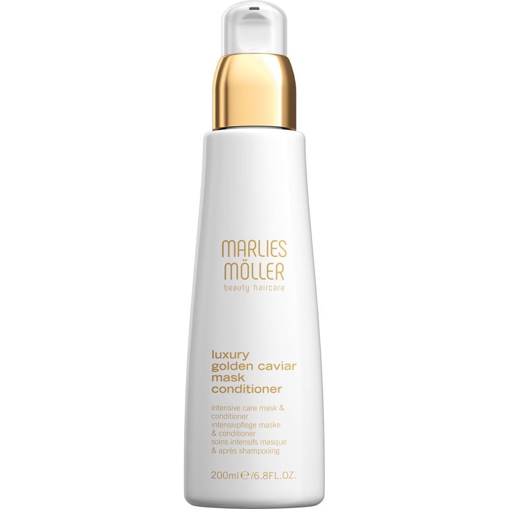 Weiße Flasche mit goldenem Verschluss. Aufschrift: Marlies Möller, Luxury Golden Caviar Mask Conditioner.