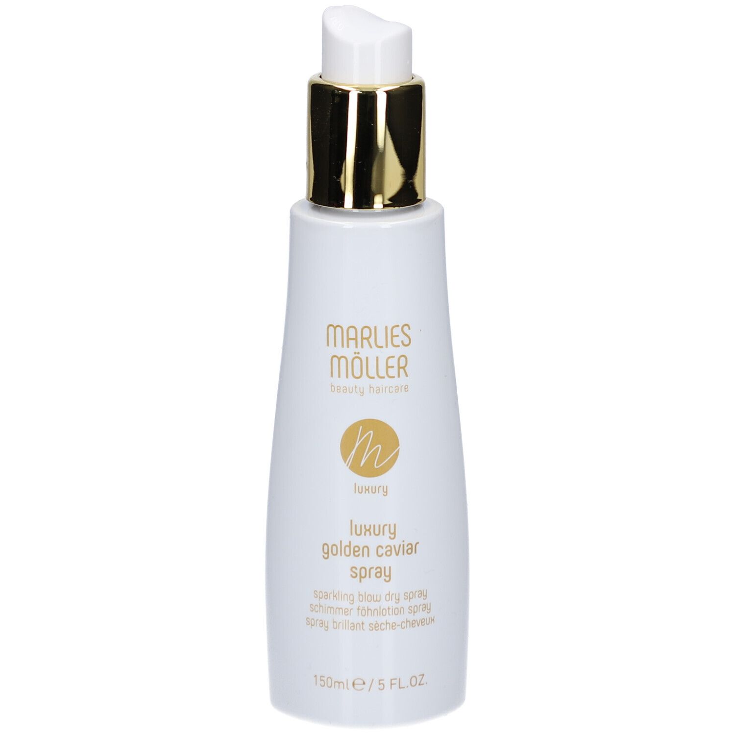 Spray blanc avec bouchon doré. Inscription: Marlies Möller, Luxury Golden Caviar Spray. 150ml/5 FL.OZ.