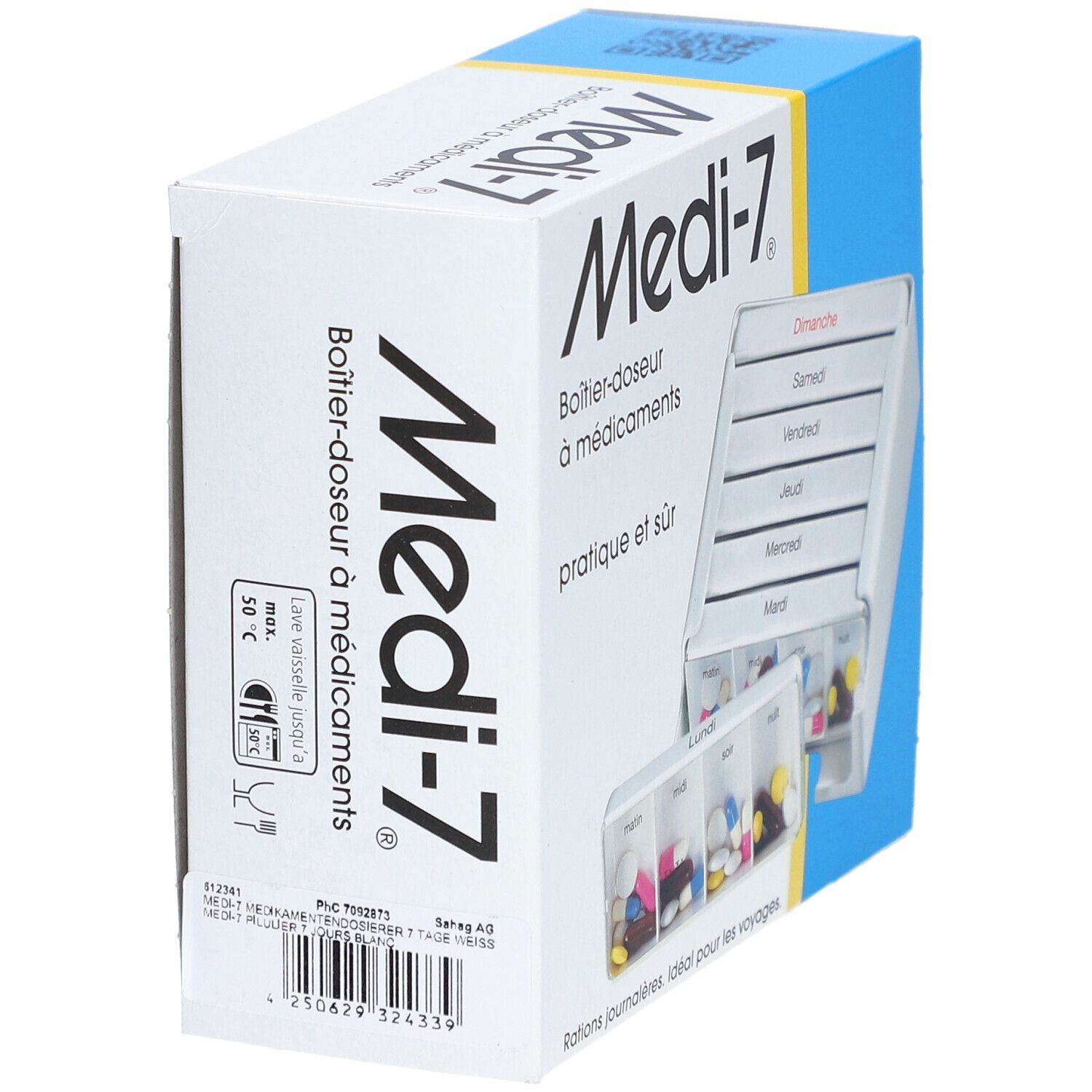 Medikamentenbox in Verpackung. Box weiß mit blauer Seite. Schriftzug Medi-7. 7 Tagesfächer sichtbar. Pillen in den Fächern.
