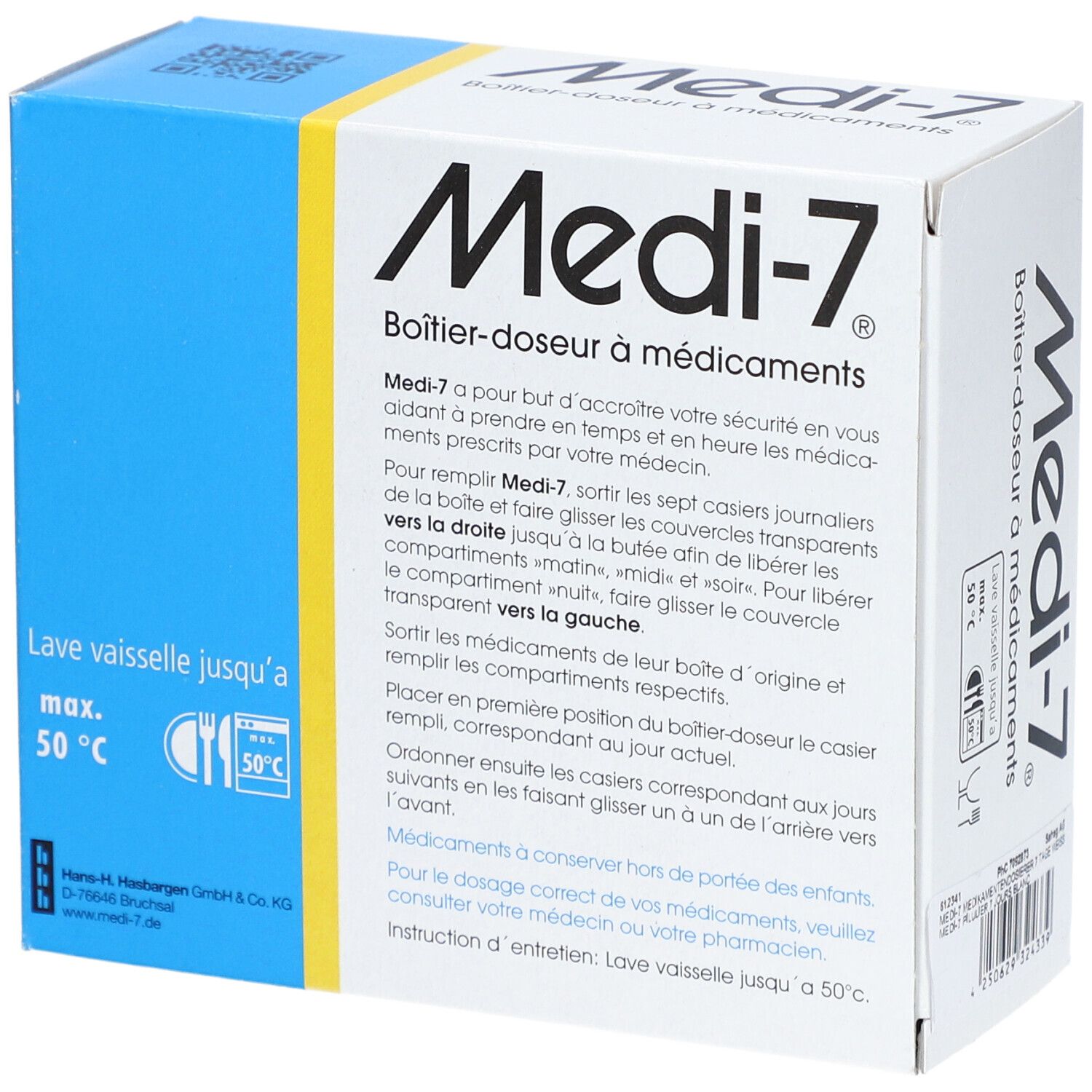 Verpackung der Medikamentenbox Medi-7. Box weiß mit blauer Seite. Text und Logos. Waschmaschinen- und Temperatur-Symbole.