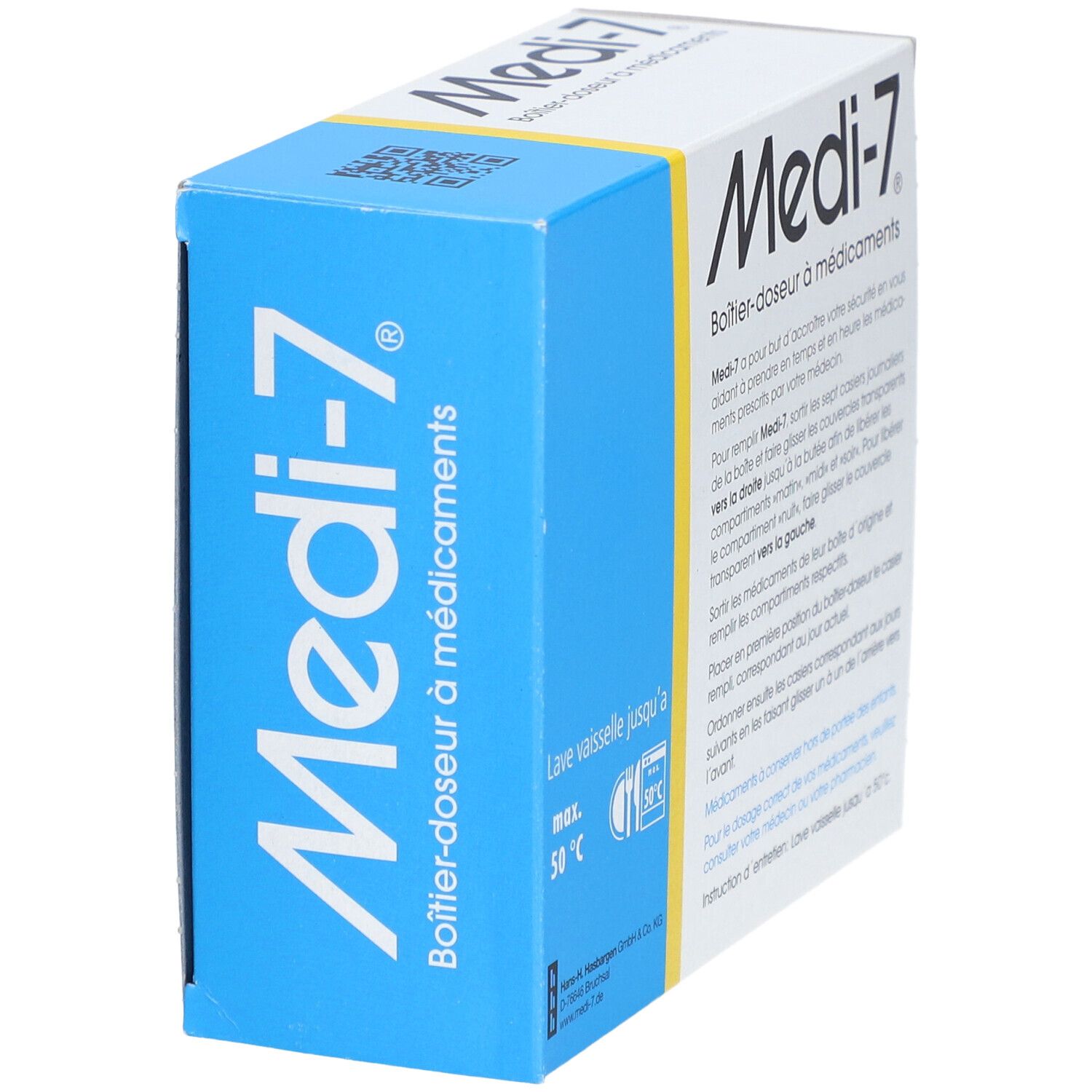 Medikamentenbox in Verpackung. Box weiß mit blauer Seite. Schriftzug Medi-7. Waschmaschinen- und Temperatur-Symbole.