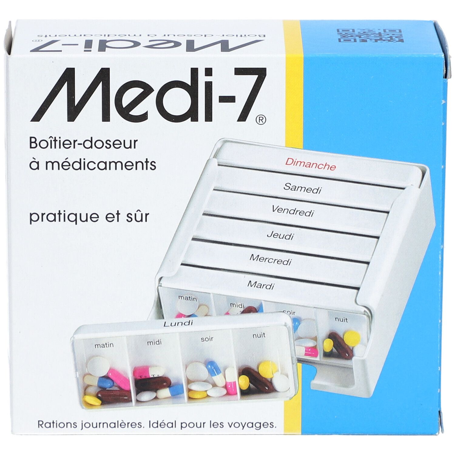 Medikamentenbox mit 7 Tagesfächern, 4 Fächer pro Tag. Enthält Pillen. Box und Fächer weiß, Schrift schwarz. Blaue und gelbe Verpackung.