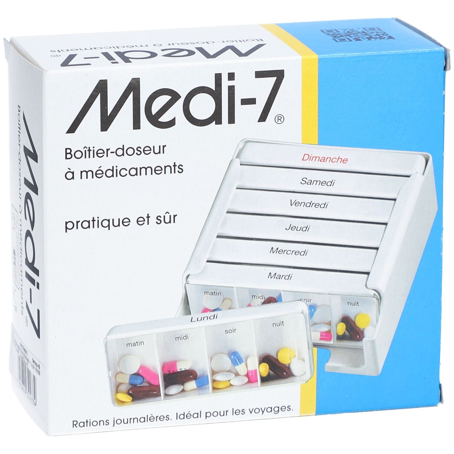 Medikamentenbox mit 7 Tagesfächern, 4 Fächer pro Tag. Enthält Pillen. Box und Fächer weiß, Schrift schwarz. Blaue und gelbe Verpackung.
