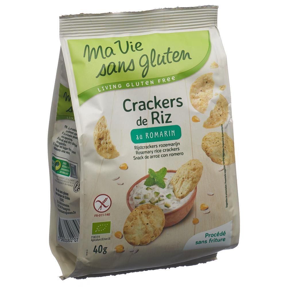 Paquet de crackers au romarin. Inscription: Ma Vie sans gluten, Crackers de Riz, au Romarin. Label sans gluten. 40g.