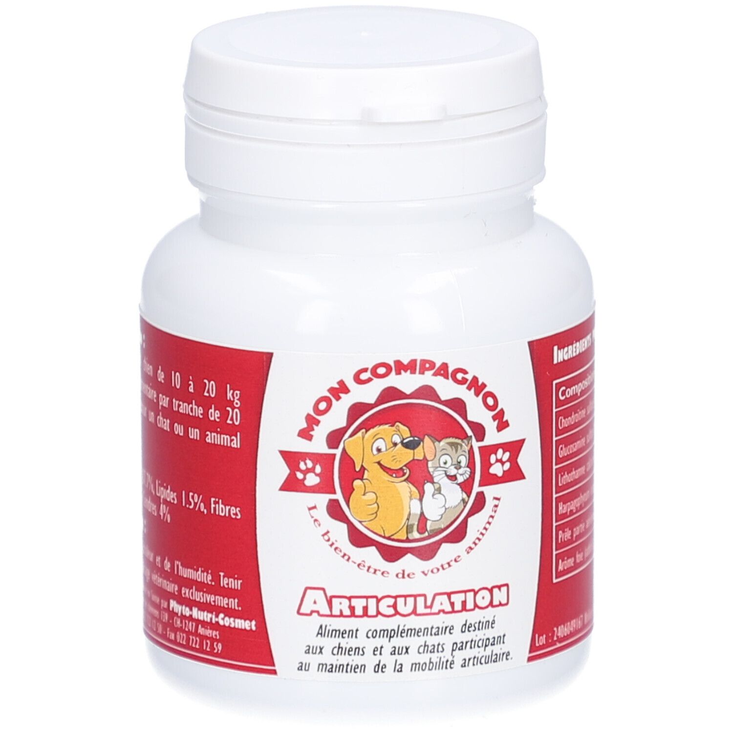 Weiße Flasche mit rotem Etikett. Aufschrift MON COMPAGNON Articulation. Abbildung von Hund und Katze. Text in Französisch.