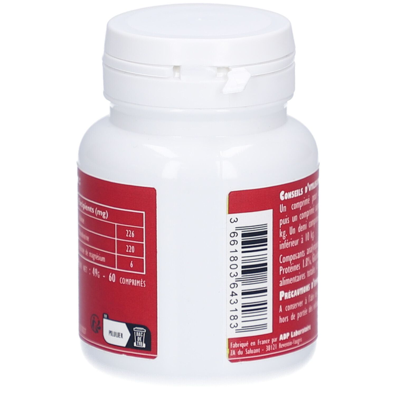 Weiße Flasche mit rotem Etikett. Enthält Informationen zu Inhaltsstoffen und Barcode. Text in Französisch.