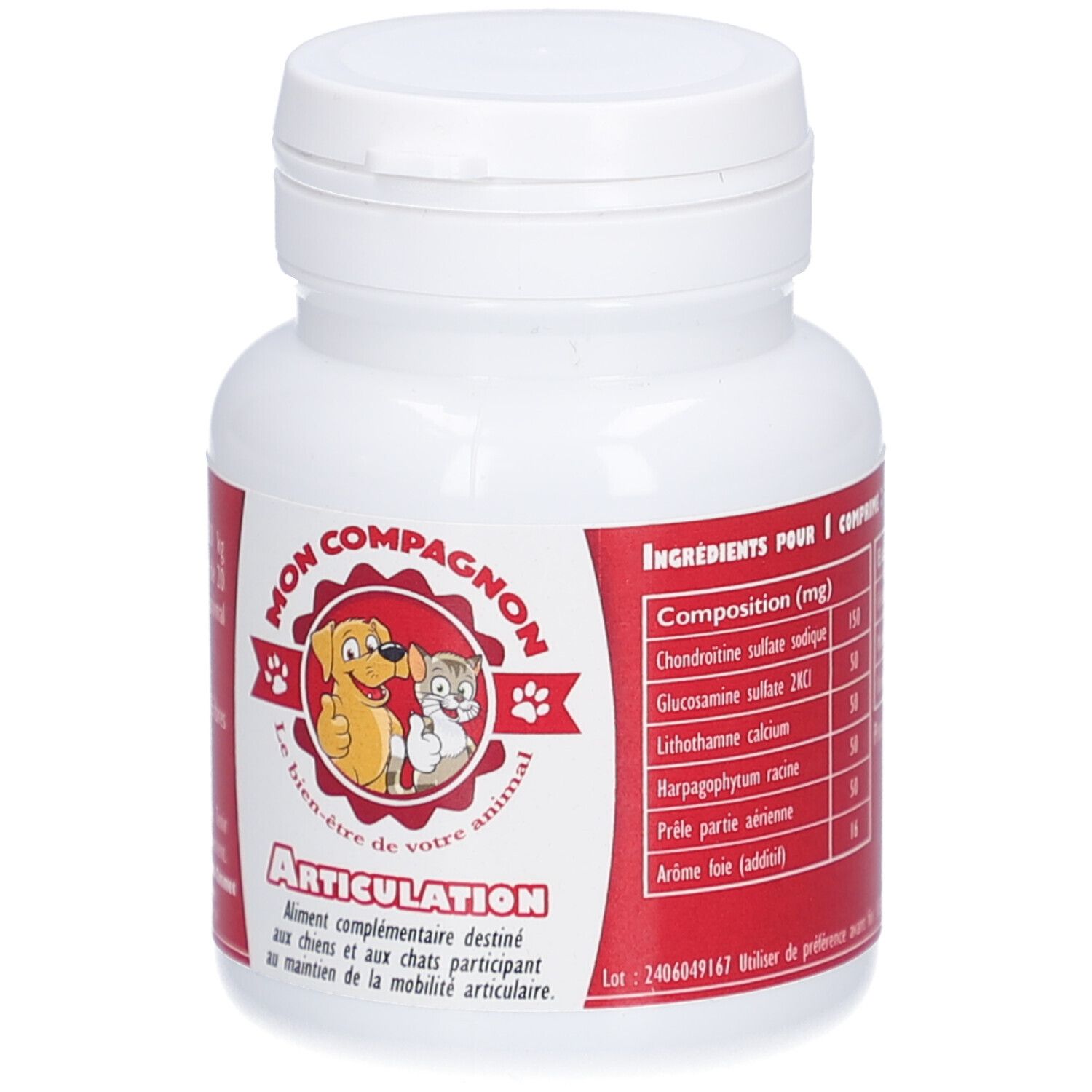 Weiße Flasche mit rotem Etikett. Enthält Informationen zu Inhaltsstoffen. Text in Französisch. Marke MON COMPAGNON.