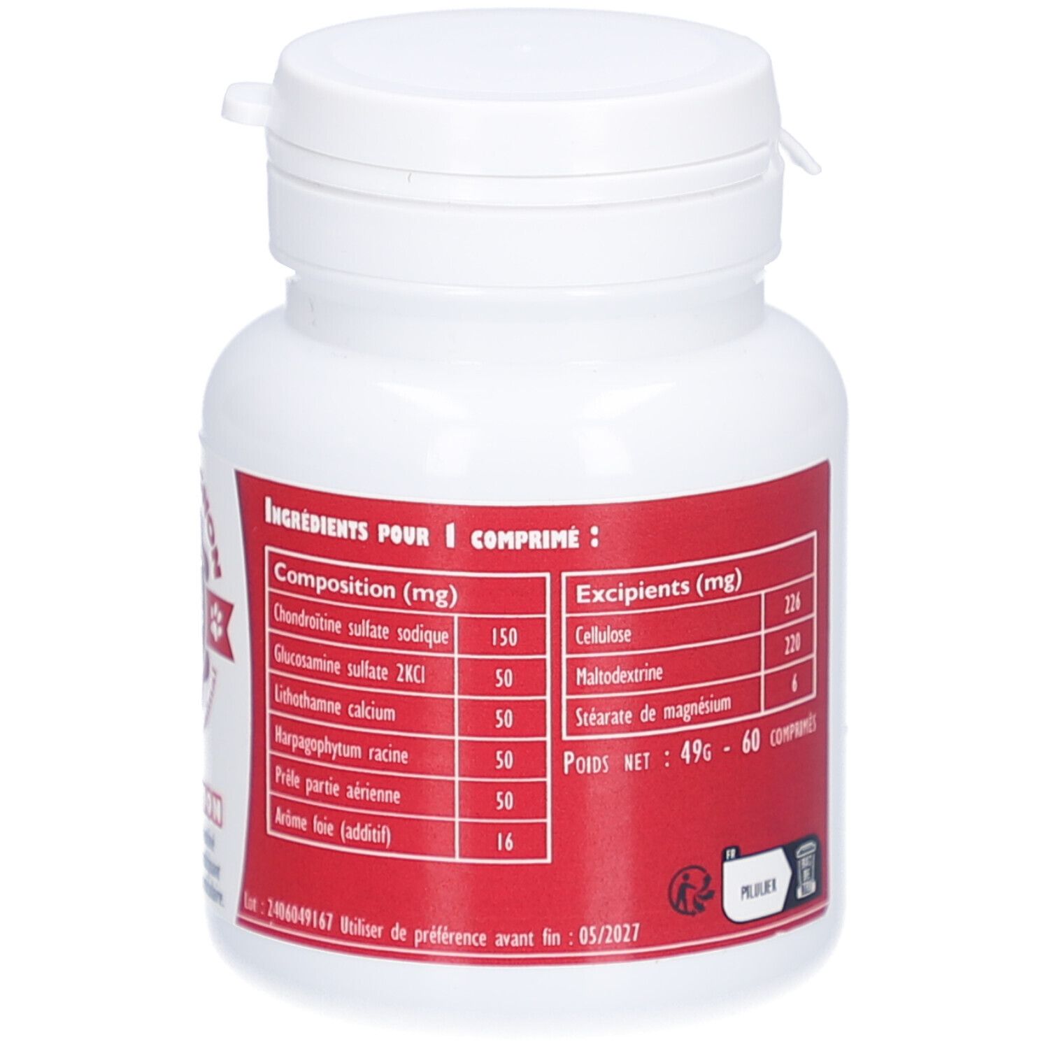 Weiße Flasche mit rotem Etikett. Enthält Informationen zu Inhaltsstoffen und Hilfsstoffen. Text in Französisch.