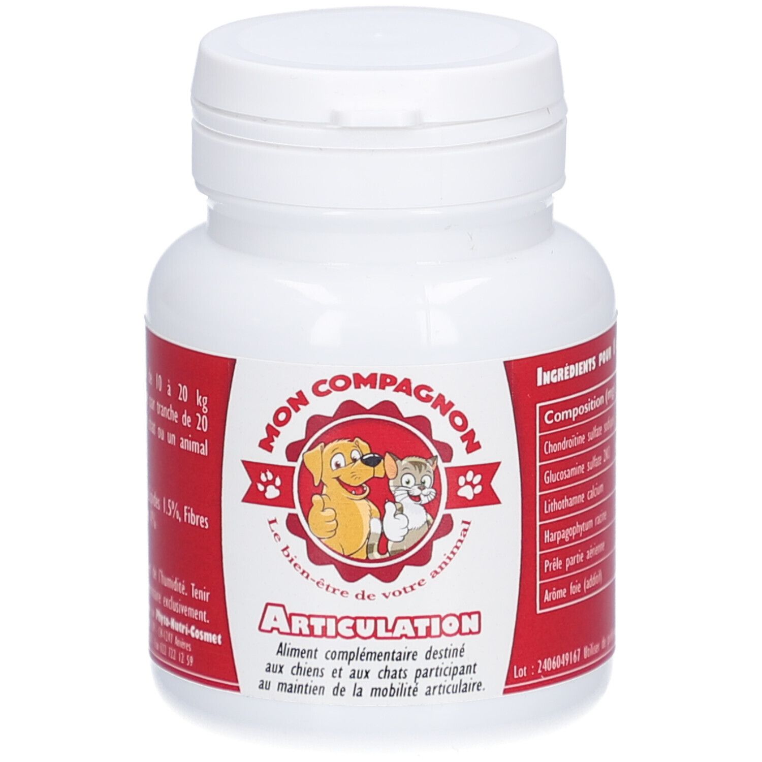 Weiße Flasche mit rotem Etikett. Aufschrift MON COMPAGNON Articulation. Abbildung von Hund und Katze. Text in Französisch.