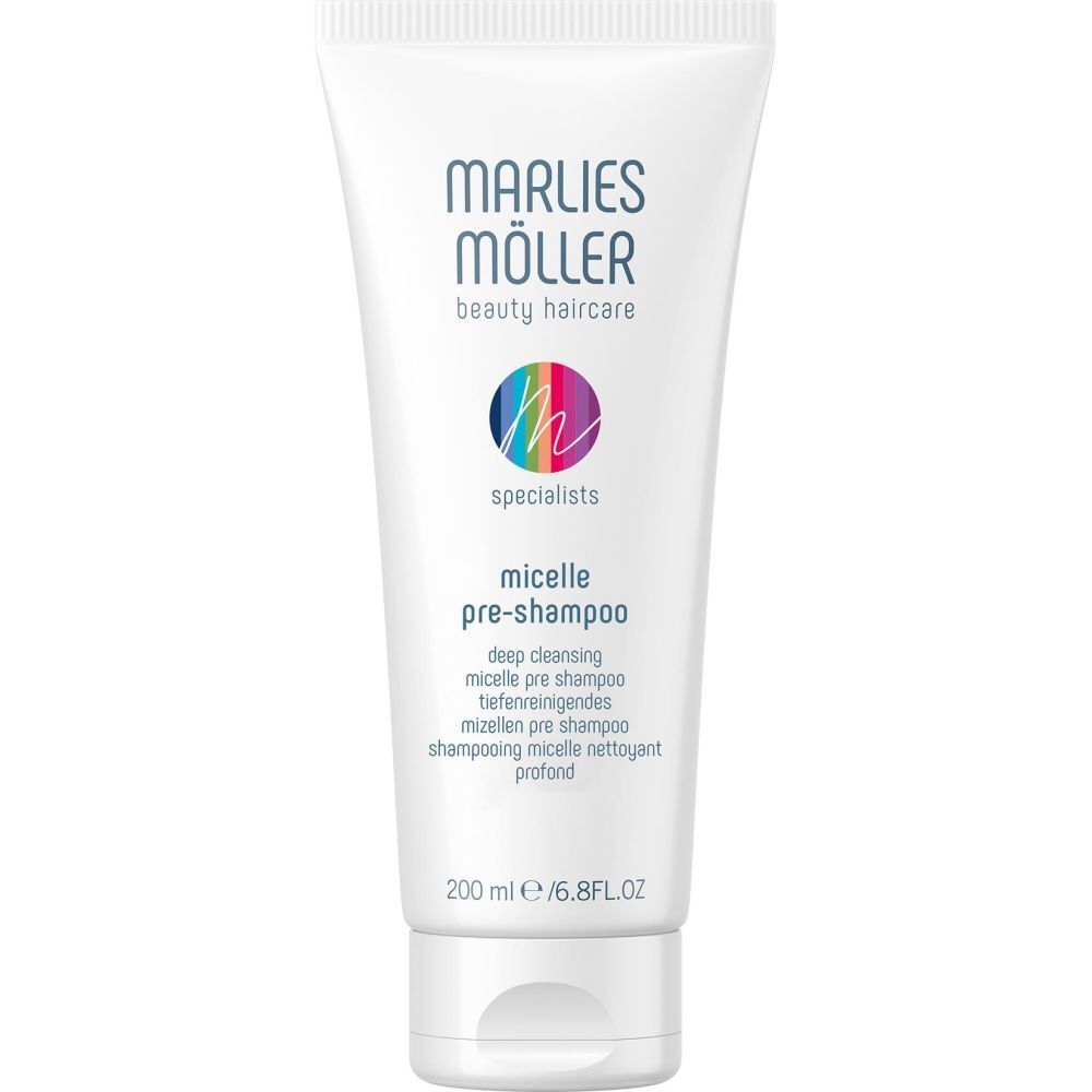 Weiße Tube mit Produktaufdruck. Schriftzug: Marlies Möller beauty haircare, micelle pre-shampoo. Farbiger Kreis mit 'm'.
