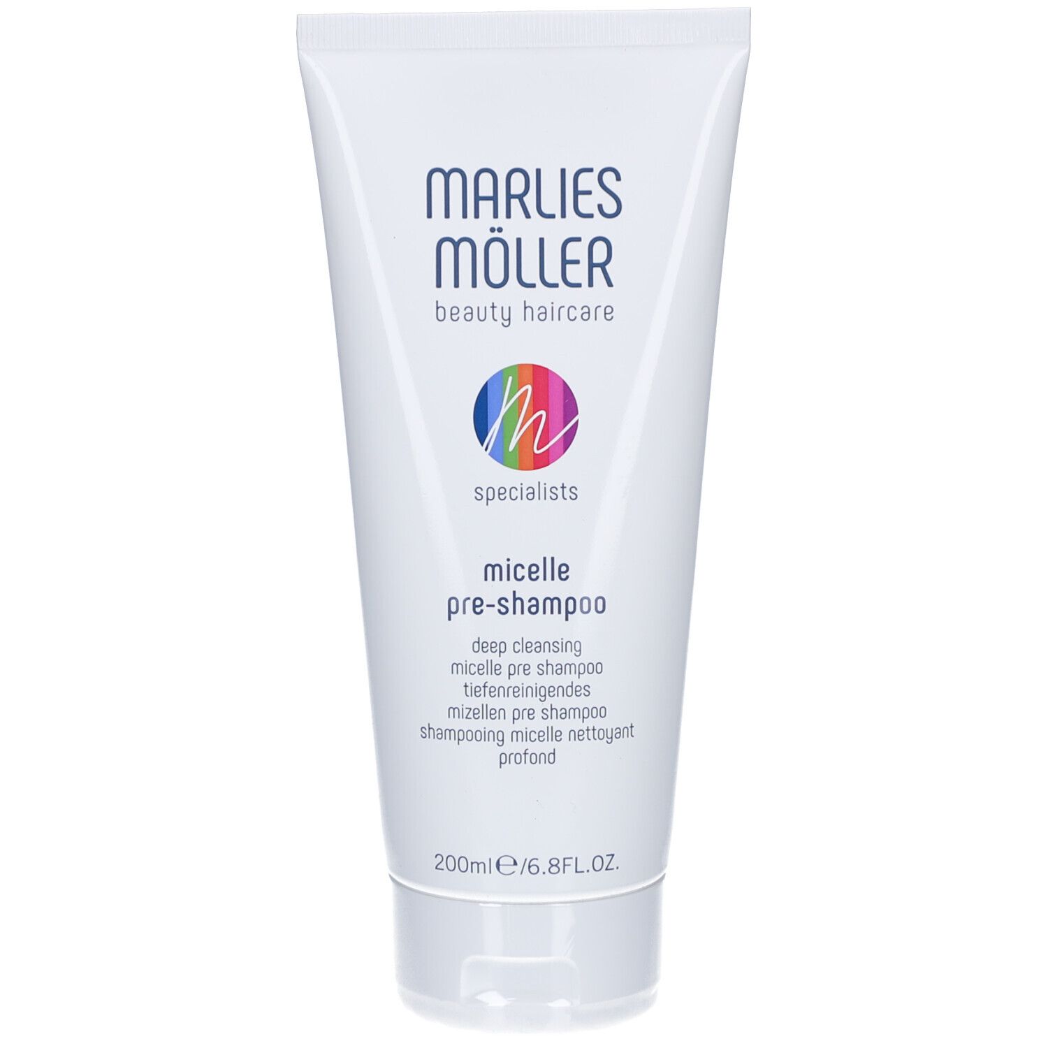 Weiße Tube mit Produktaufdruck. Schriftzug: Marlies Möller beauty haircare, micelle pre-shampoo. Farbiger Kreis mit 'm'.
