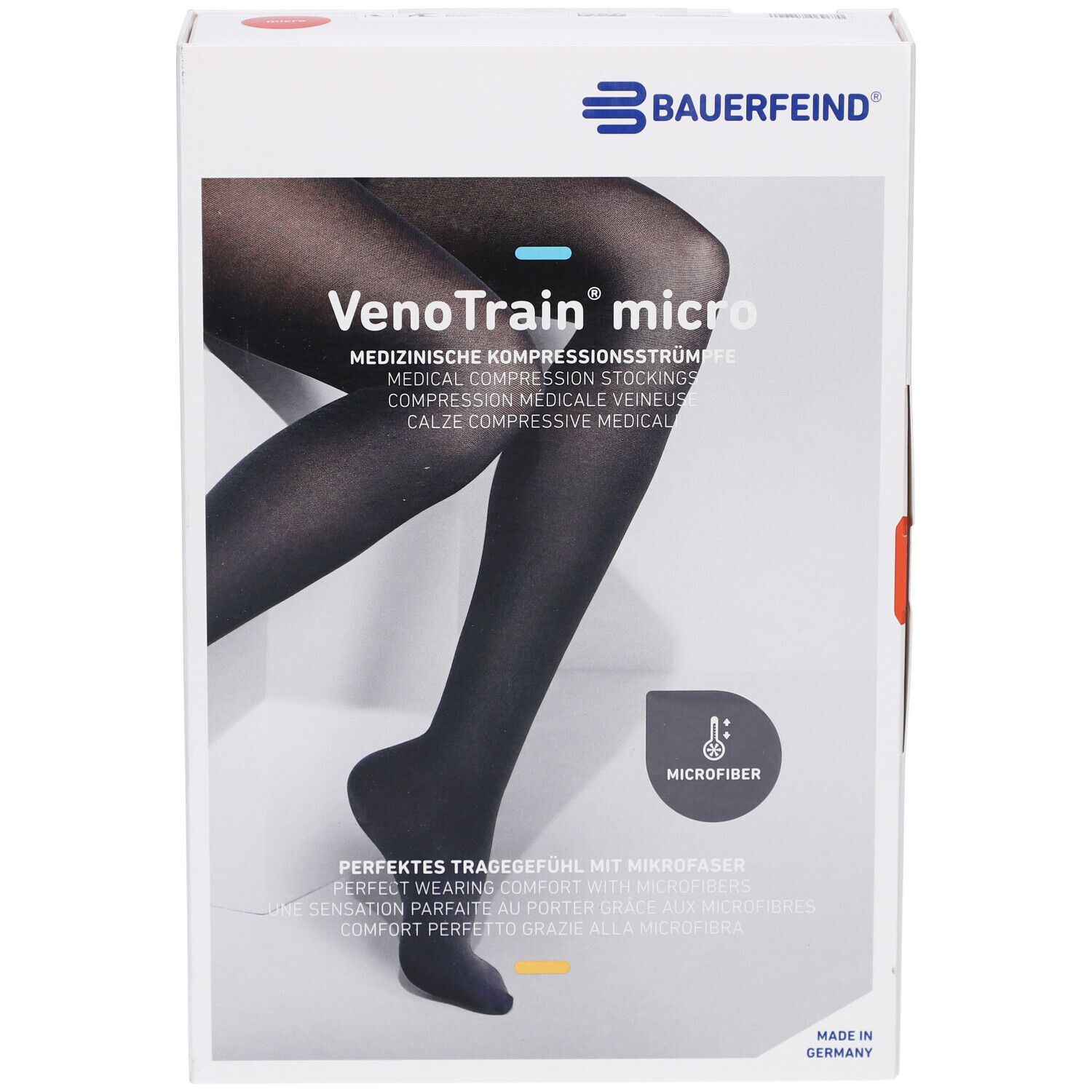Verpackung mit Kompressionsstrümpfen. Marke Bauerfeind, Modell VenoTrain micro. Schwarze Strümpfe, offener Fuß. Mikrofasern.