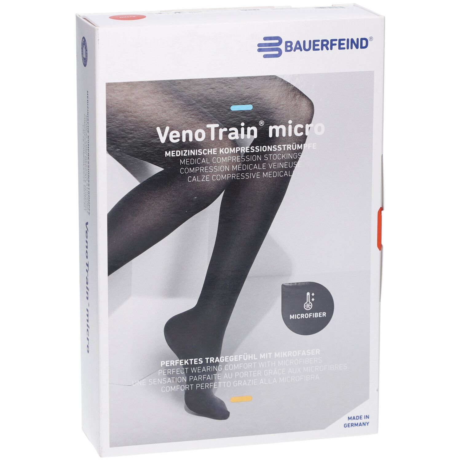 Verpackung mit Kompressionsstrümpfen. Marke Bauerfeind, Modell VenoTrain micro. Schwarze Strümpfe, offener Fuß. Mikrofasern.