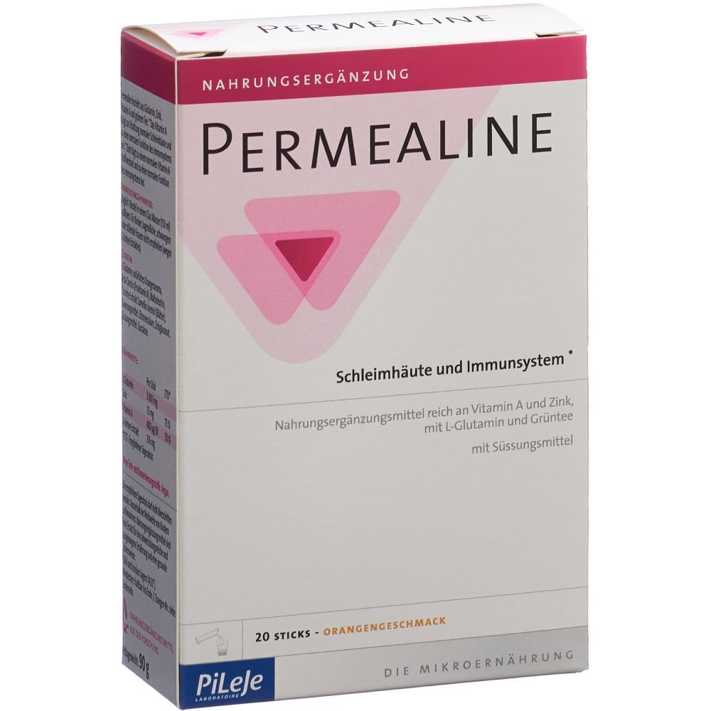 Boîte blanche et rose. Inscription PERMEALINE. Contient 20 sticks. Marque Pileje.