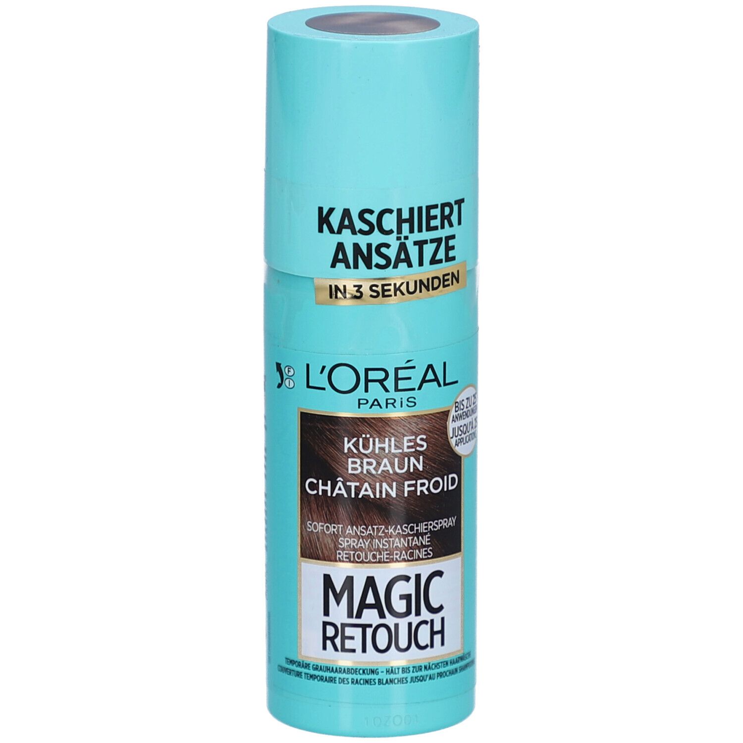 L'Oréal Paris Magic Retouch Spray, Kaltbraun. Türkis-farbene Sprühflasche. Text: Kaschiert Ansätze, Kühles Braun, Magic Retouch.