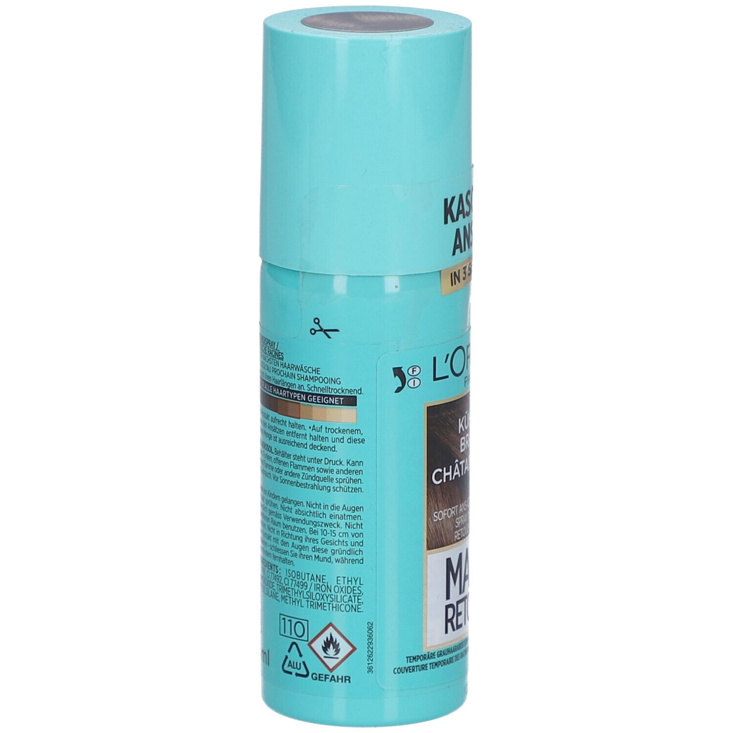 L'Oréal Paris Magic Retouch Spray, Kaltbraun. Rückseite der türkisfarbenen Sprühflasche. Text und Inhaltsstoffe.