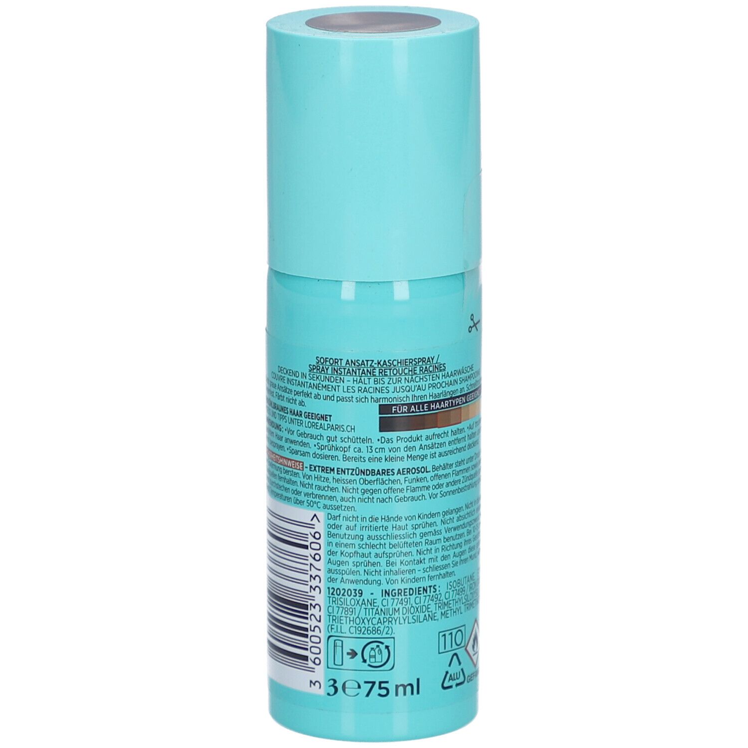 L'Oréal Paris Magic Retouch Spray, Kaltbraun. Rückseite der türkisfarbenen Sprühflasche. Text und Inhaltsstoffe.